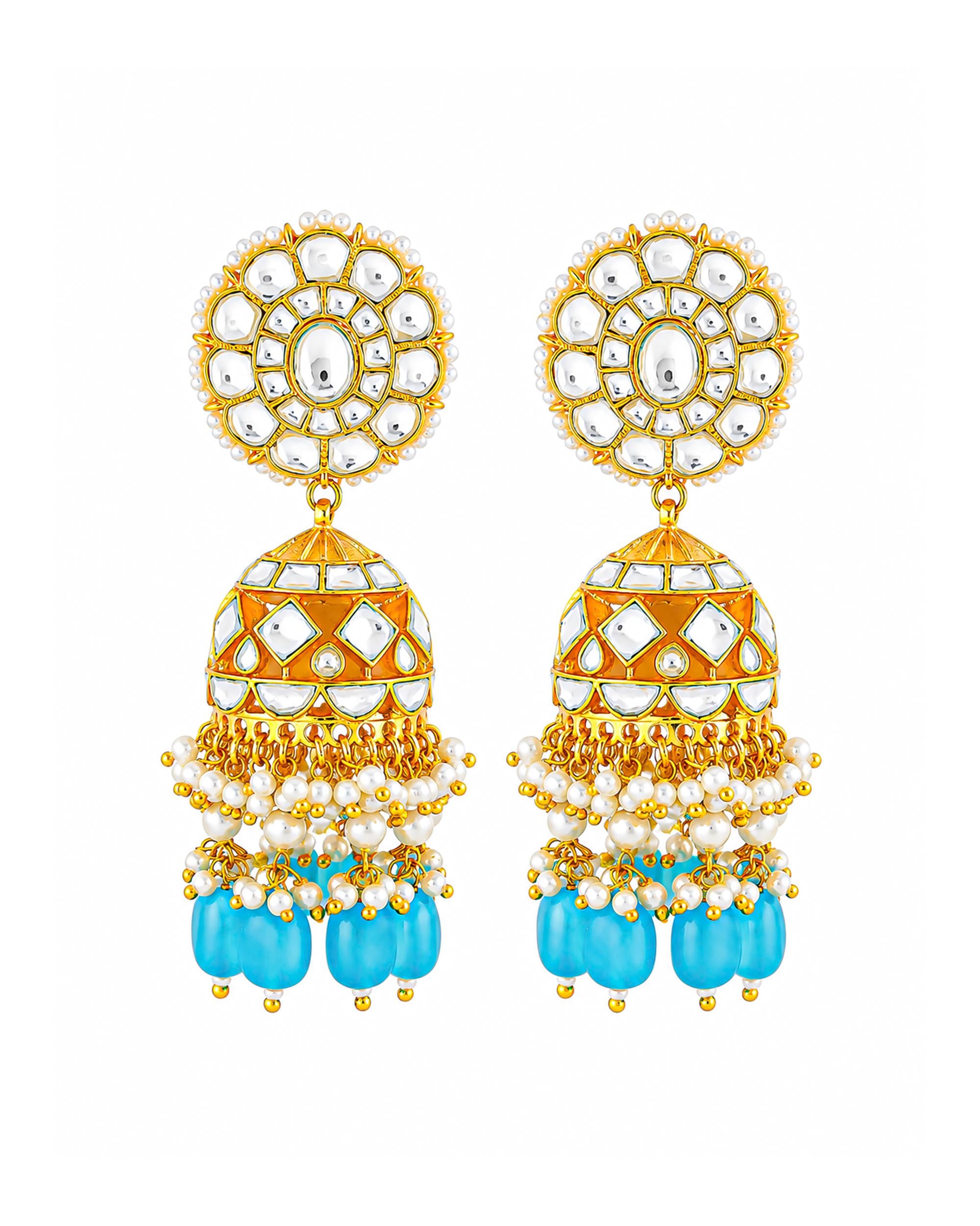 Royal Kundan Multi-Strand Pearl Choker & Jhumka Earrings Set with Sky Blue Beads