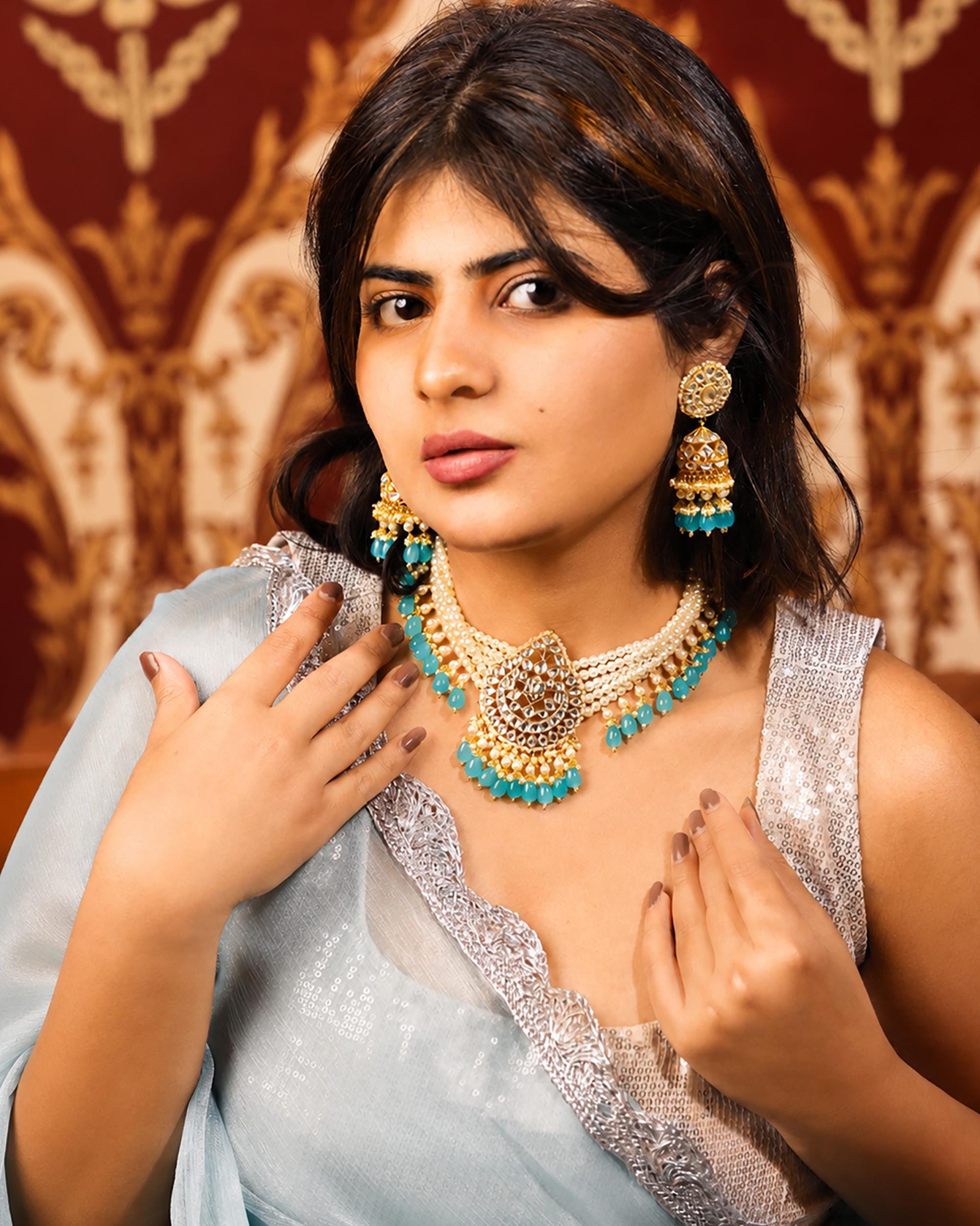 Royal Kundan Multi-Strand Pearl Choker & Jhumka Earrings Set with Sky Blue Beads