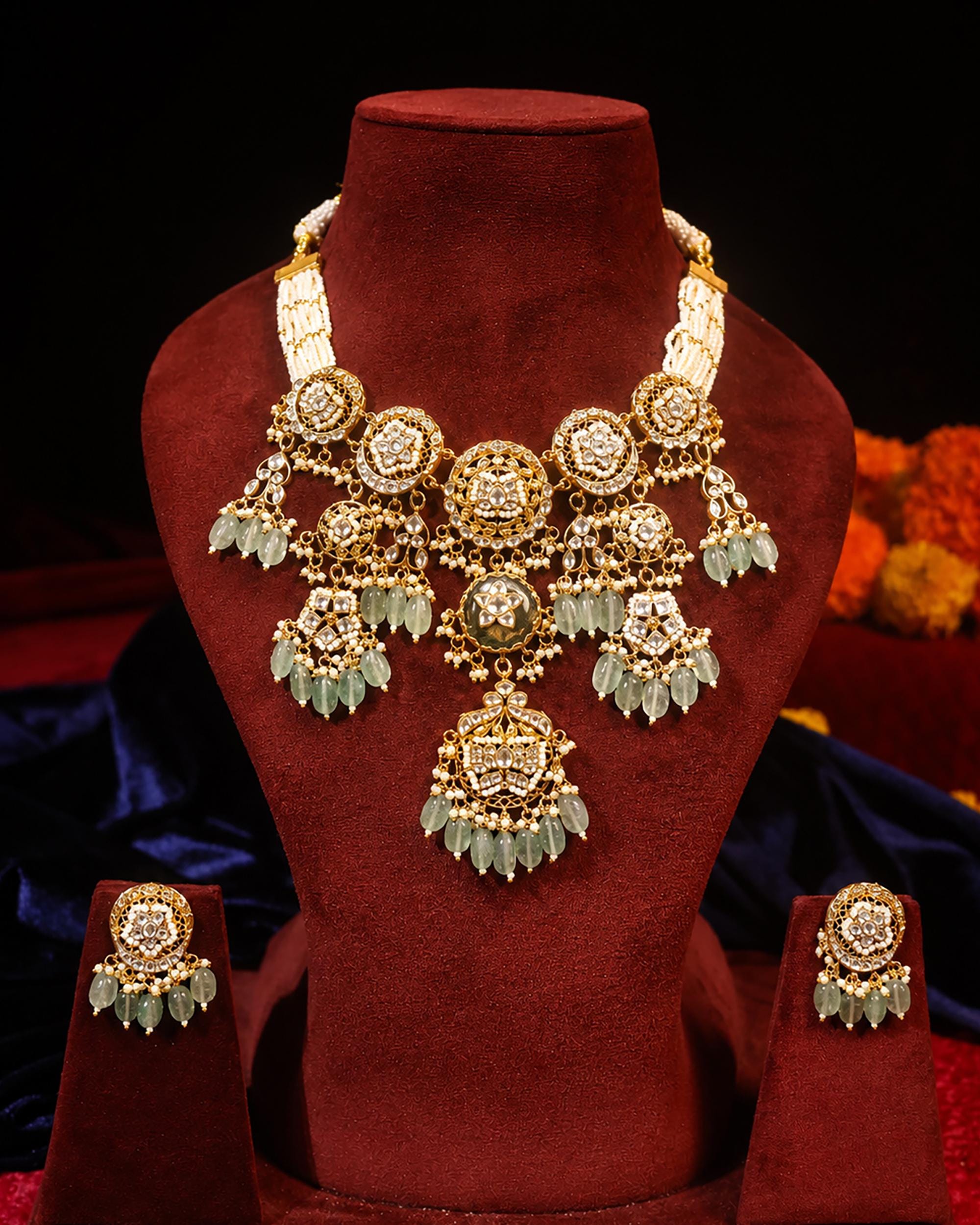Royal Heritage Kundan Statement Necklace & Earrings Set with Mint Green Gemstone Beads