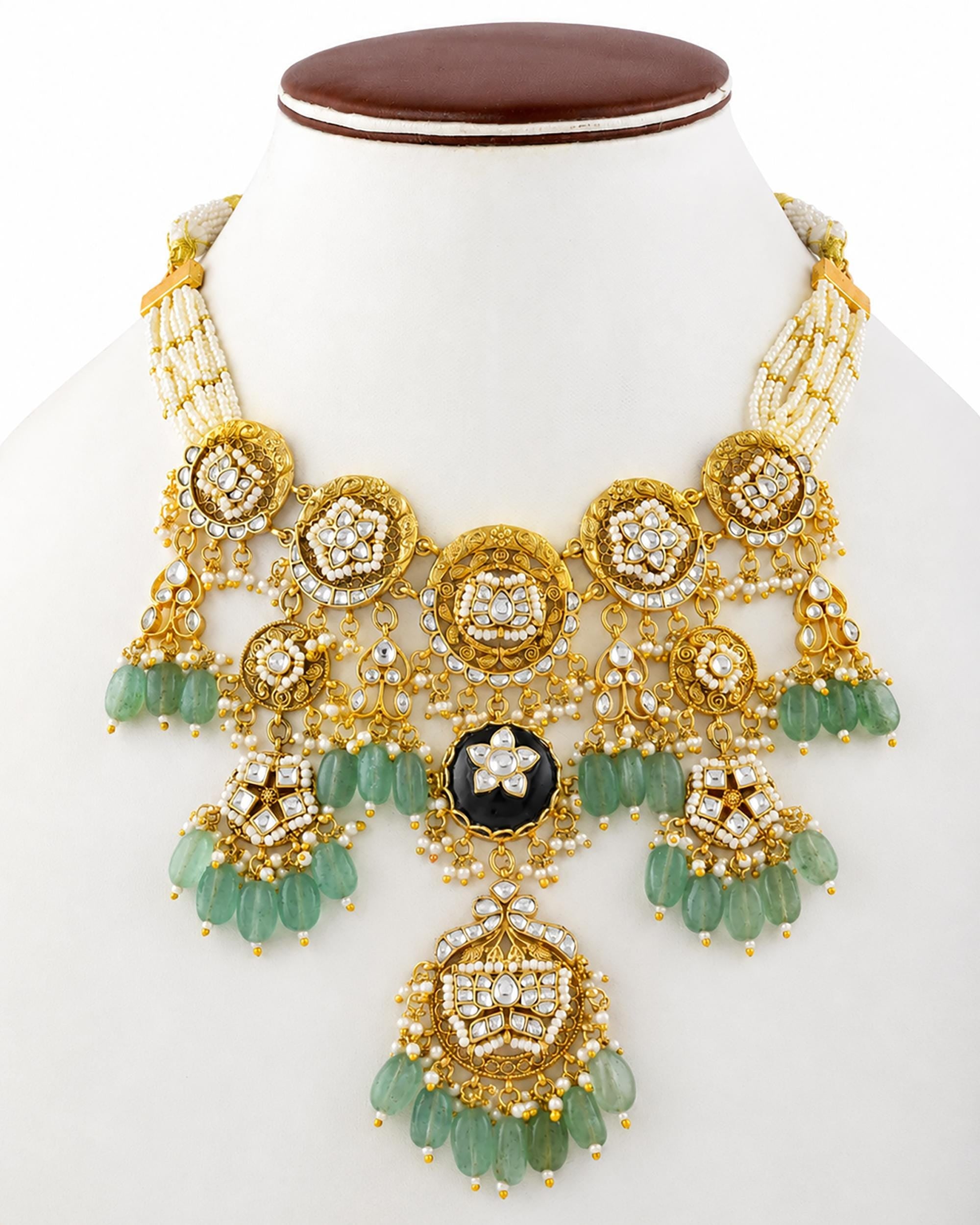 Royal Heritage Kundan Statement Necklace & Earrings Set with Mint Green Gemstone Beads