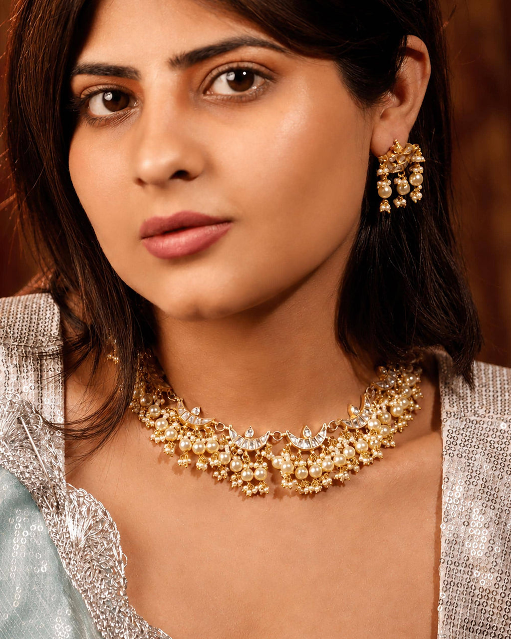 Elegant Royal Chandbali Kundan Choker Necklace & Pearls Set with Matching Earrings