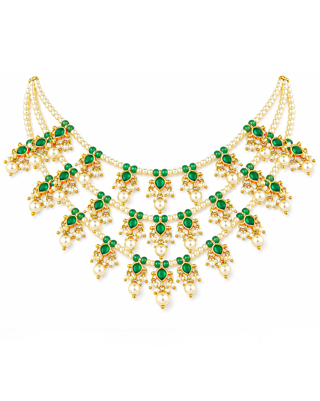 Indian Emerald Pearl Ranihaar Necklace Set, Gold Plated Kundan Bridal Jewelry