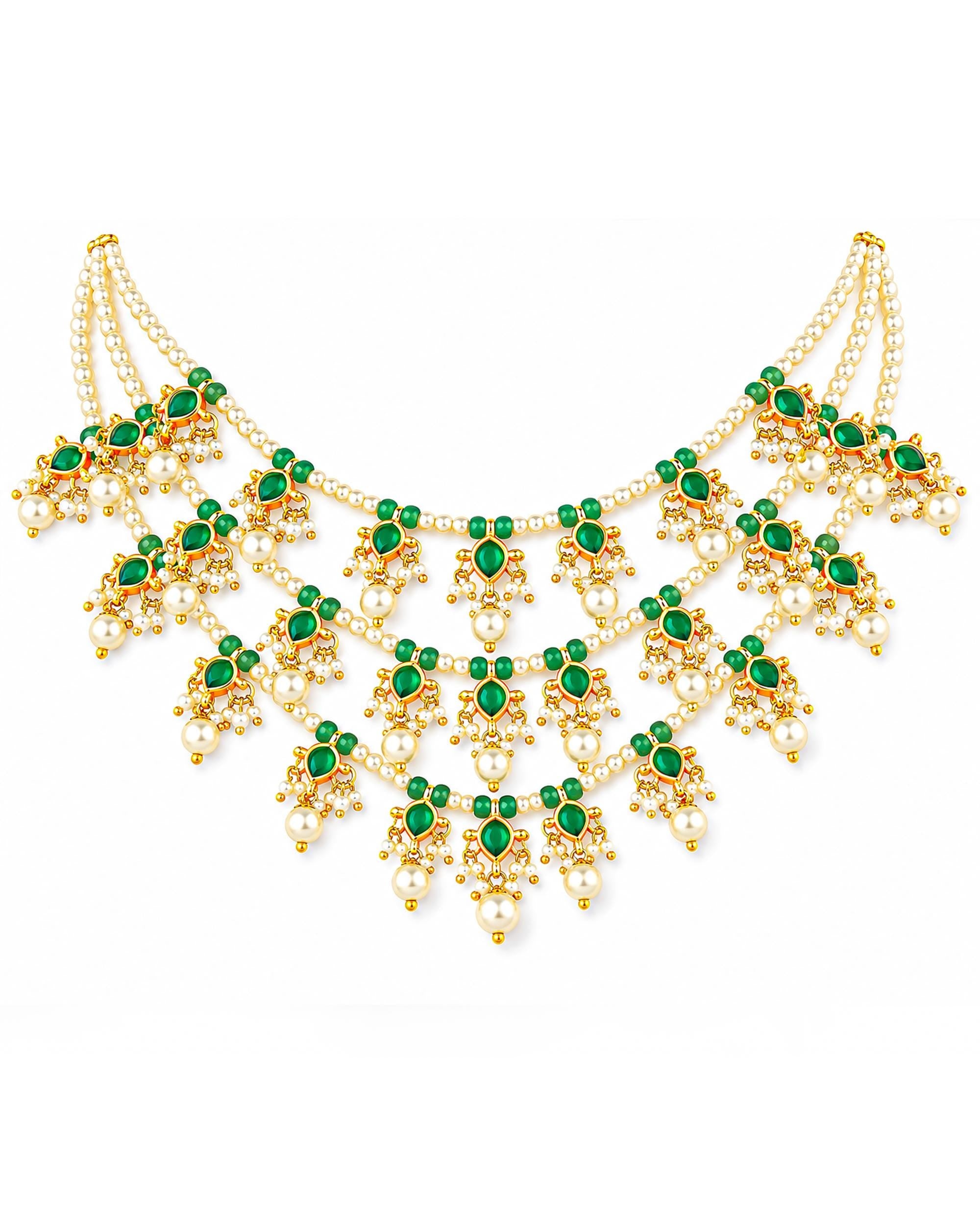 Indian Emerald Pearl Ranihaar Necklace Set, Gold Plated Kundan Bridal Jewelry