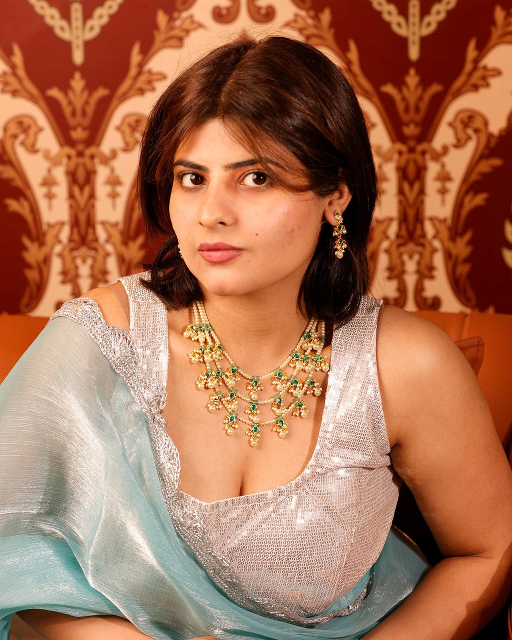 Indian Emerald Pearl Ranihaar Necklace Set, Gold Plated Kundan Bridal Jewelry