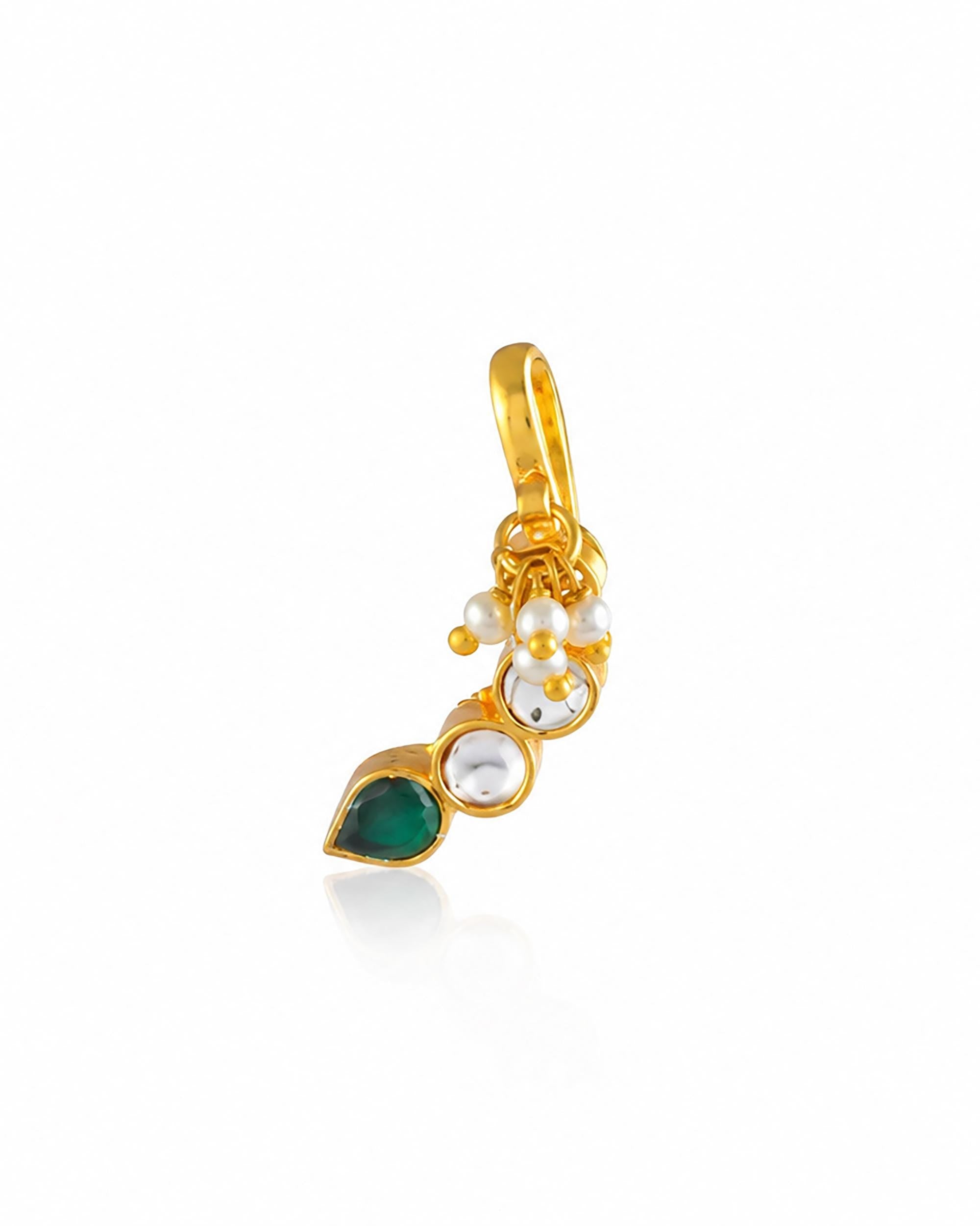 Traditional Kundan Nose Pin Clip On, Emerald Teardrop Nath, Gold-Toned Wedding Jewelry