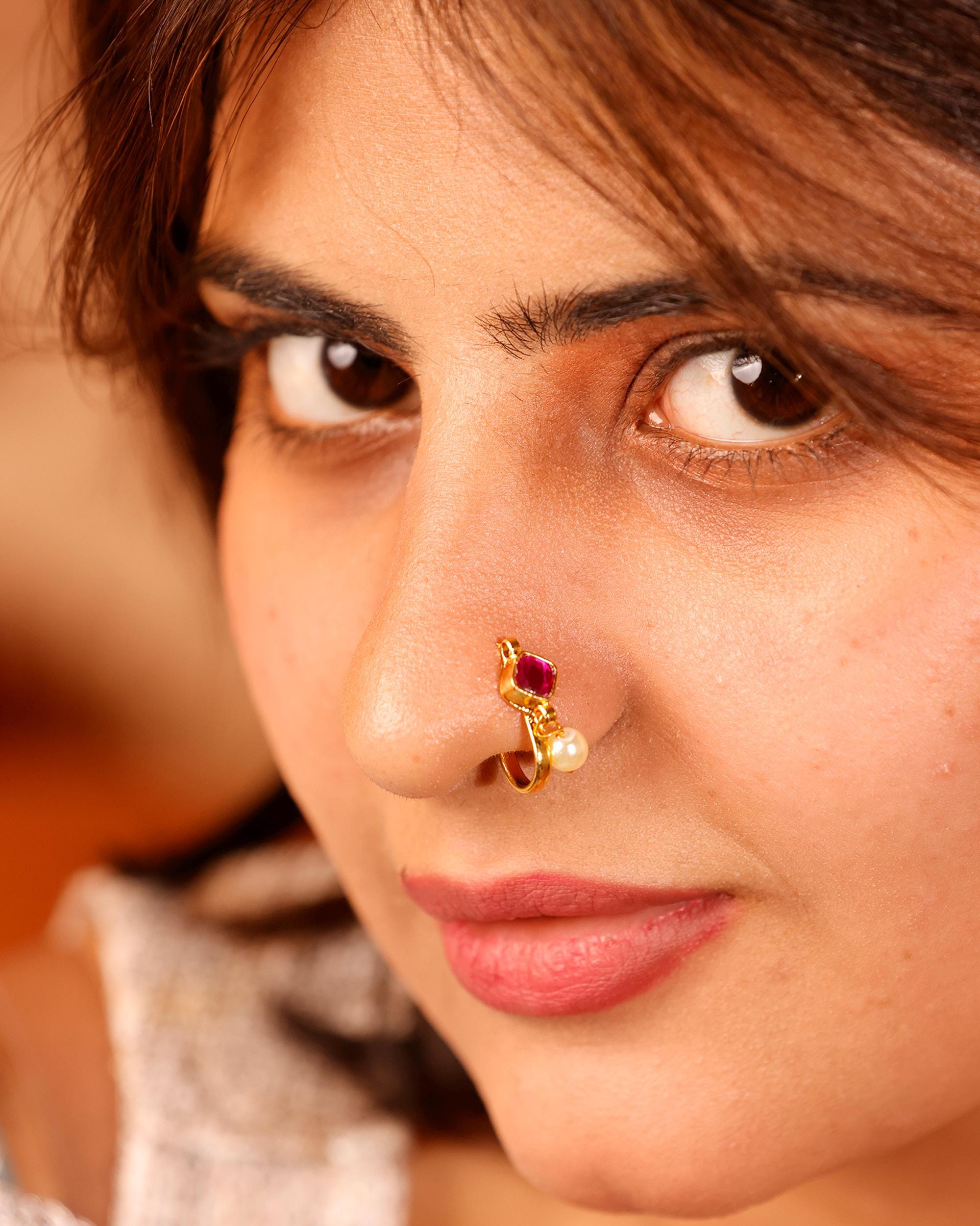 Gold Plated Pink Stone Clip-On Nose Ring, Kundan Style Miniature Nath, Pearl Drop