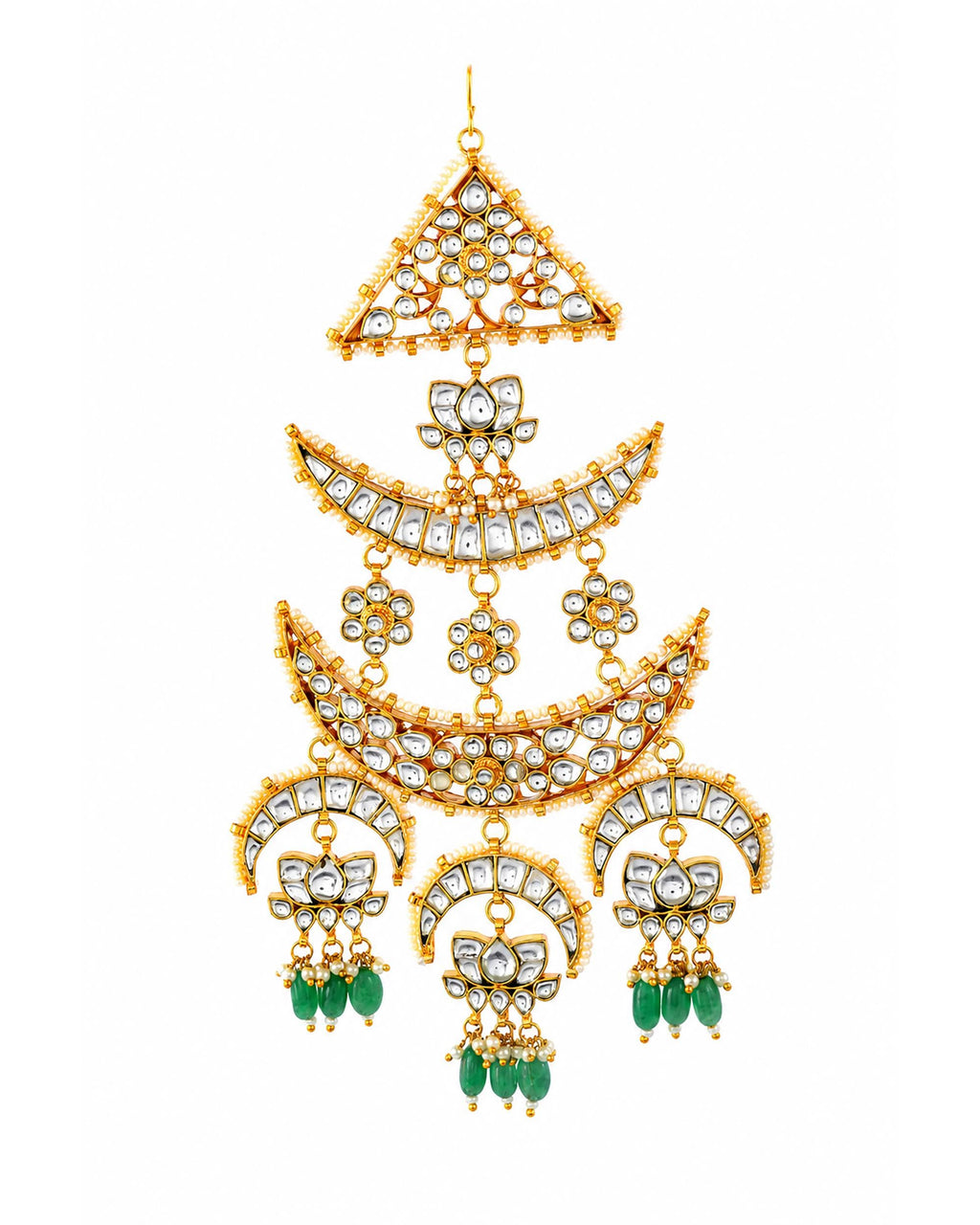 Traditional Kundan Passa, Emerald Green Bridal Jhumar Hair Jewelry