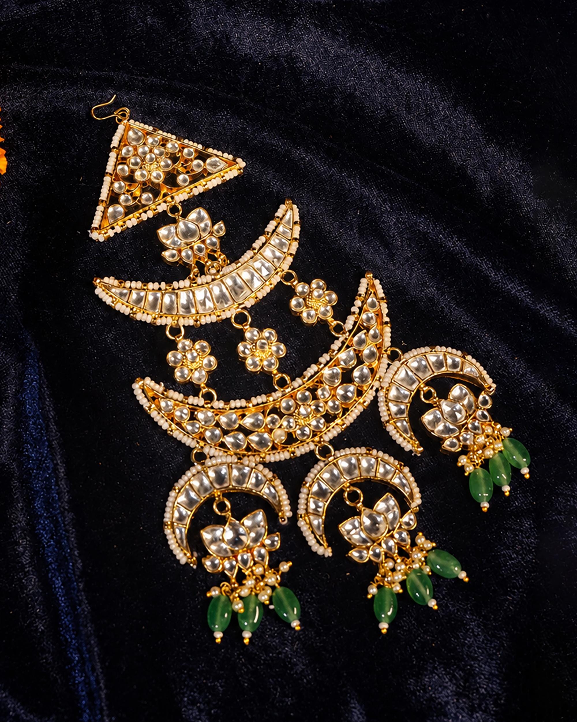 Traditional Kundan Passa, Emerald Green Bridal Jhumar Hair Jewelry