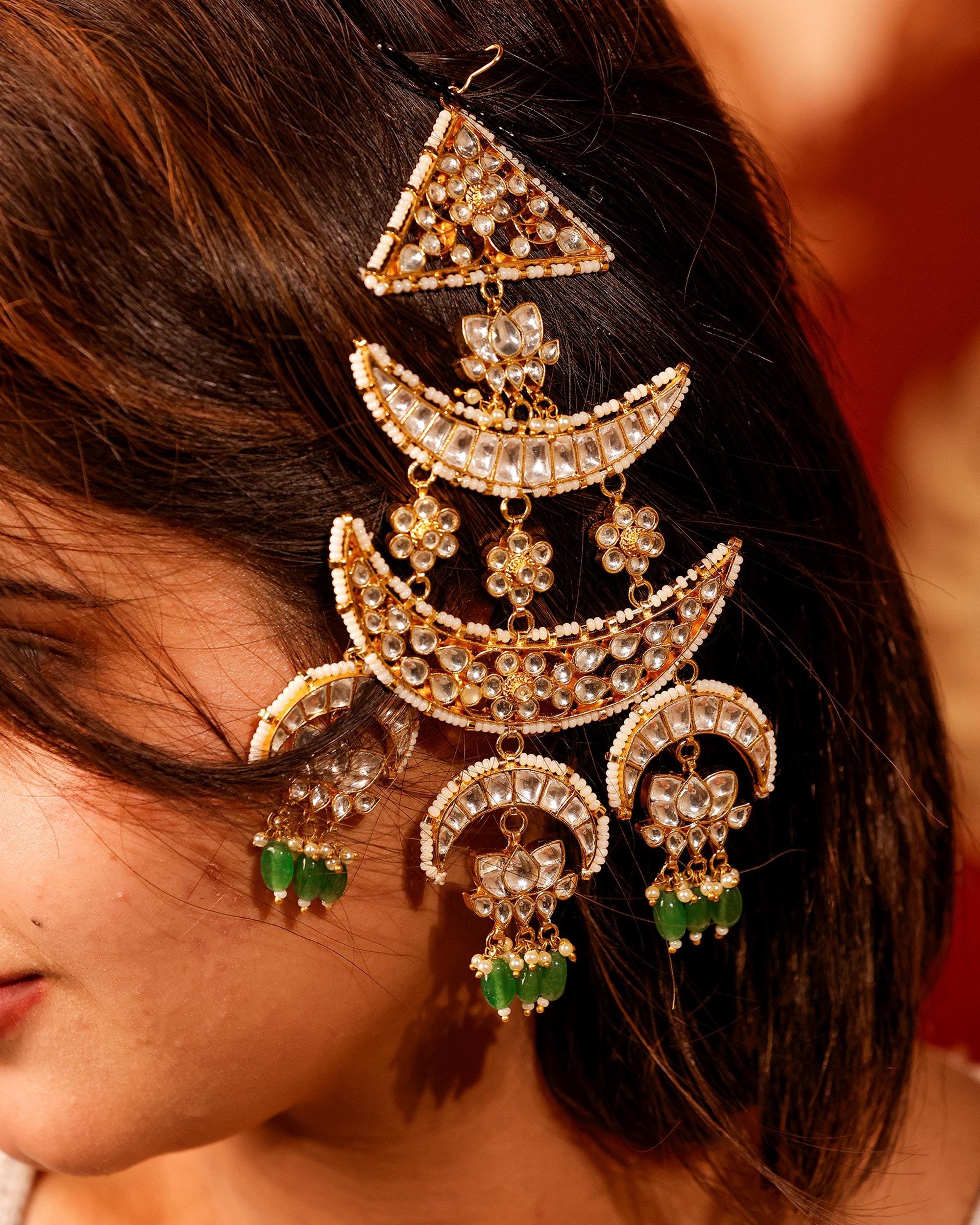 Traditional Kundan Passa, Emerald Green Bridal Jhumar Hair Jewelry