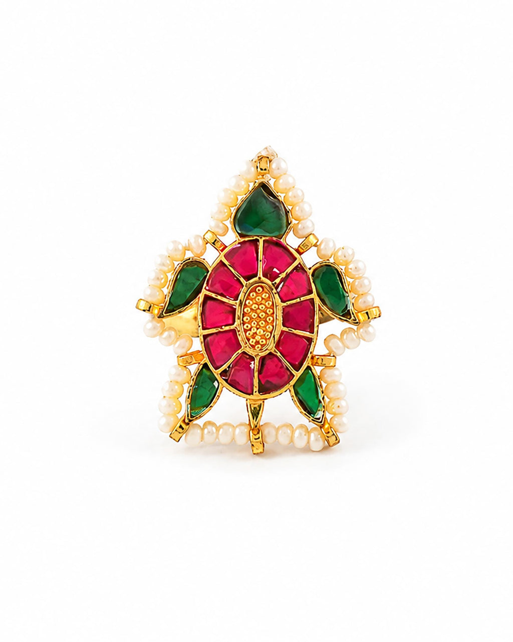 Gold Plated Floral Statement Ring, Multi-Color Navratna Style, Adjustable Pearl Border