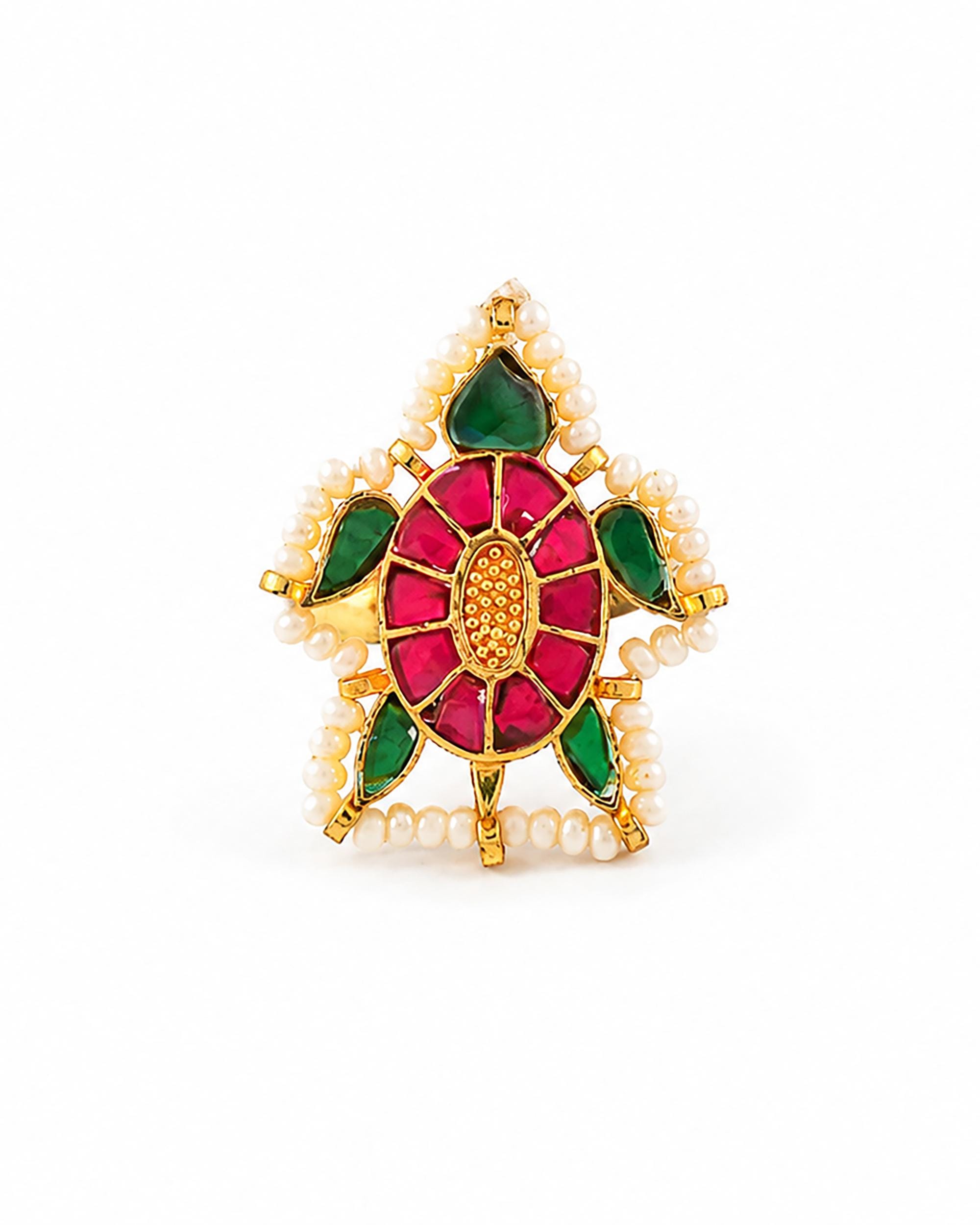 Gold Plated Floral Statement Ring, Multi-Color Navratna Style, Adjustable Pearl Border