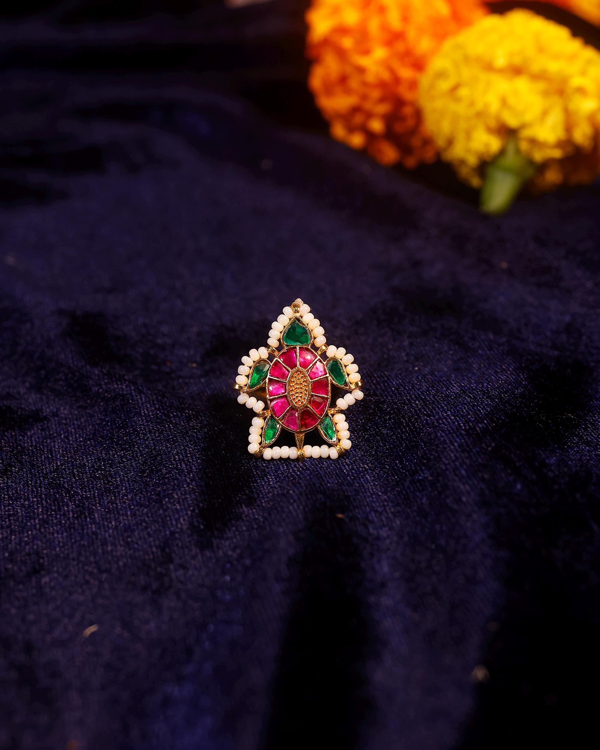 Gold Plated Floral Statement Ring, Multi-Color Navratna Style, Adjustable Pearl Border