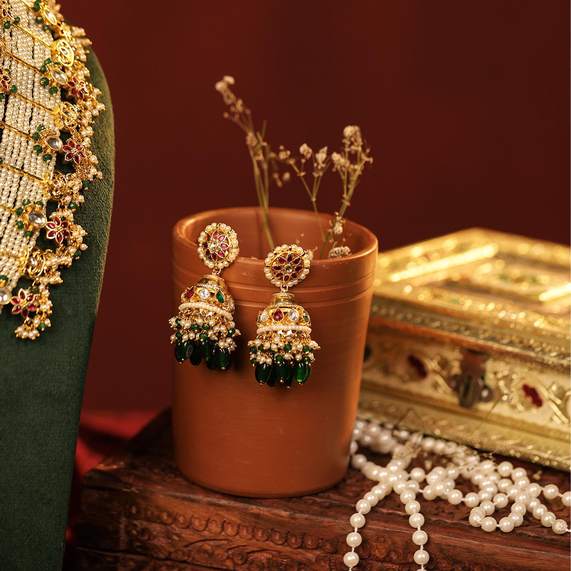 Kundan Pearl Long Mala Necklace Set with Jhumka Earrings  Indian Wedding Jewelry