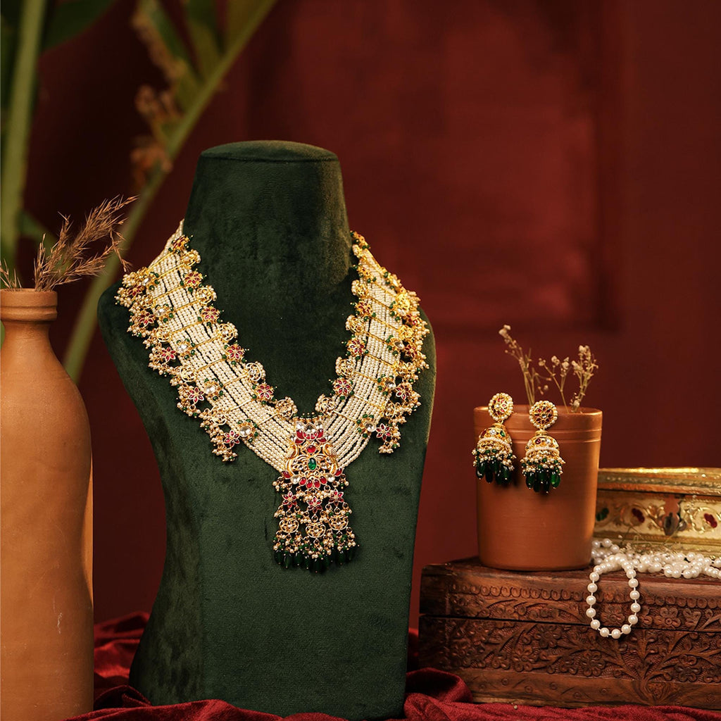 Kundan Pearl Long Mala Necklace Set with Jhumka Earrings  Indian Wedding Jewelry