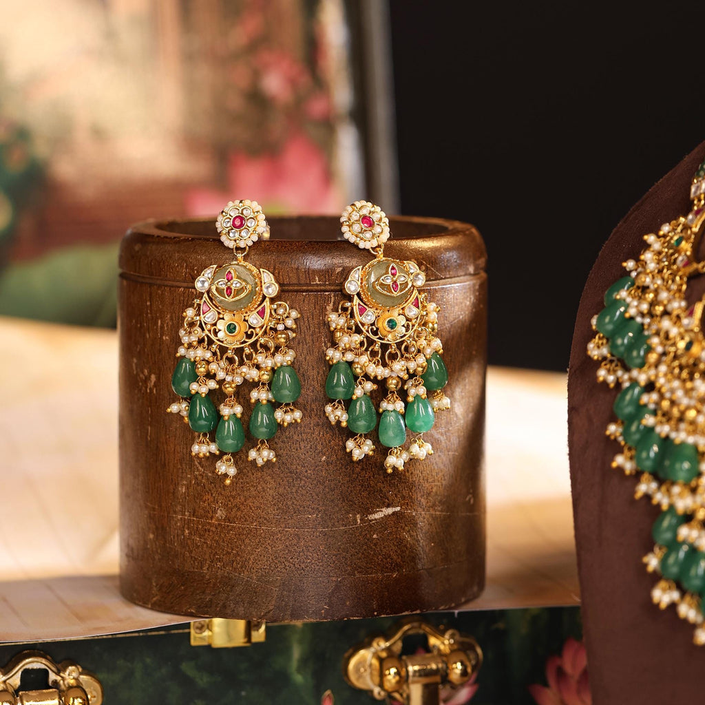 Royal Jadau Kundan Choker Necklace Set  Meenakari Lotus Pendant, Pearl Strands, Earrings