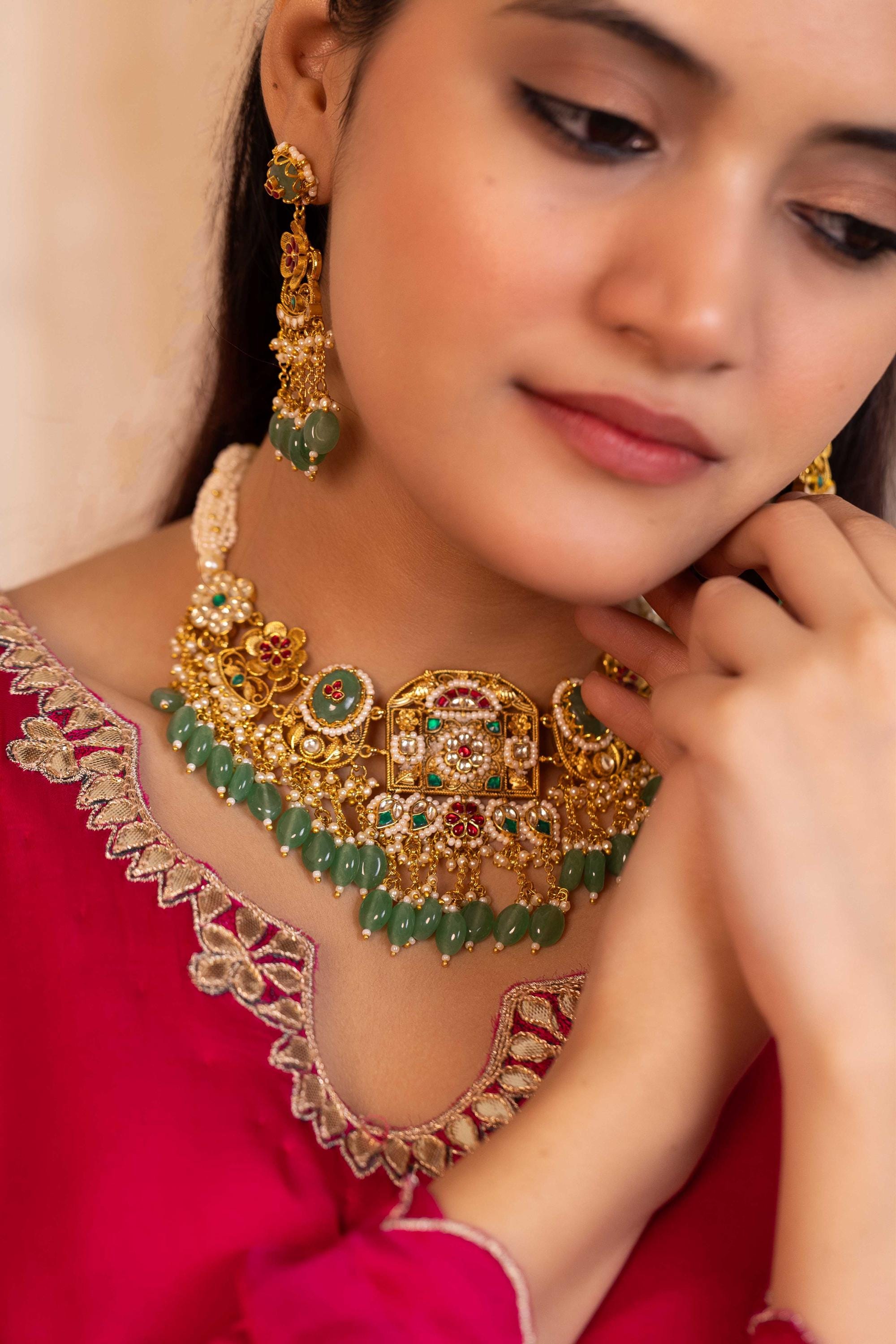 Royal Peacock Kundan Choker Necklace Set with Jhumka Earrings  Indian Bridal Meenakari Jewelry