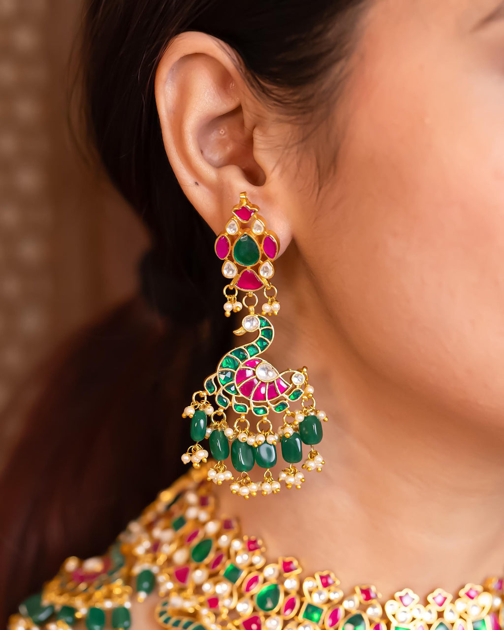 bridal jewelry set Royal Peacock Kundan Necklace Set Jhumka Earrings  Indian Bridal Choker  Green Ruby Meenakari Jewelry
