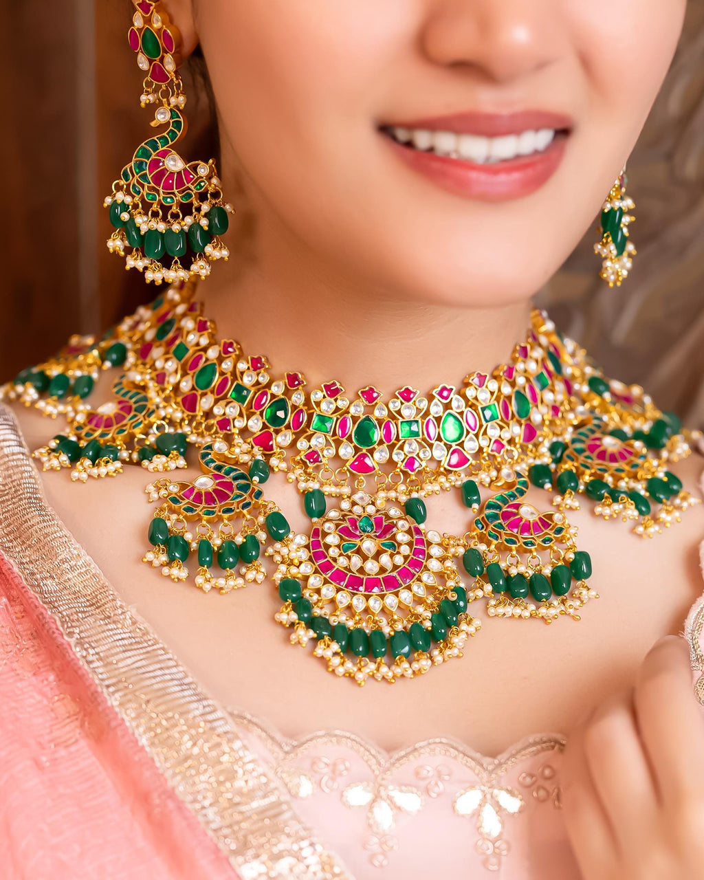 bridal jewelry set Royal Peacock Kundan Necklace Set Jhumka Earrings  Indian Bridal Choker  Green Ruby Meenakari Jewelry