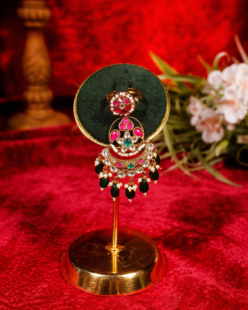 Traditional Kundan Adjustable Ring | Green & Ruby Red Stone Ring | Pearl Dangle Ethnic Ring | Indian Bridal Jewelry | Festive Statement Ring