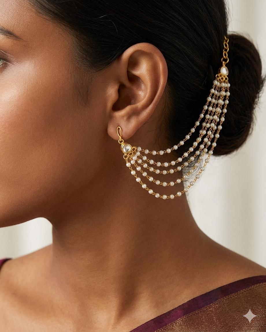 bridal ear chain Multi Layer Pearl Kaanchain, Traditional Indian Earring Support Chains, Kundan Moti Sahare Hair Jewelry,