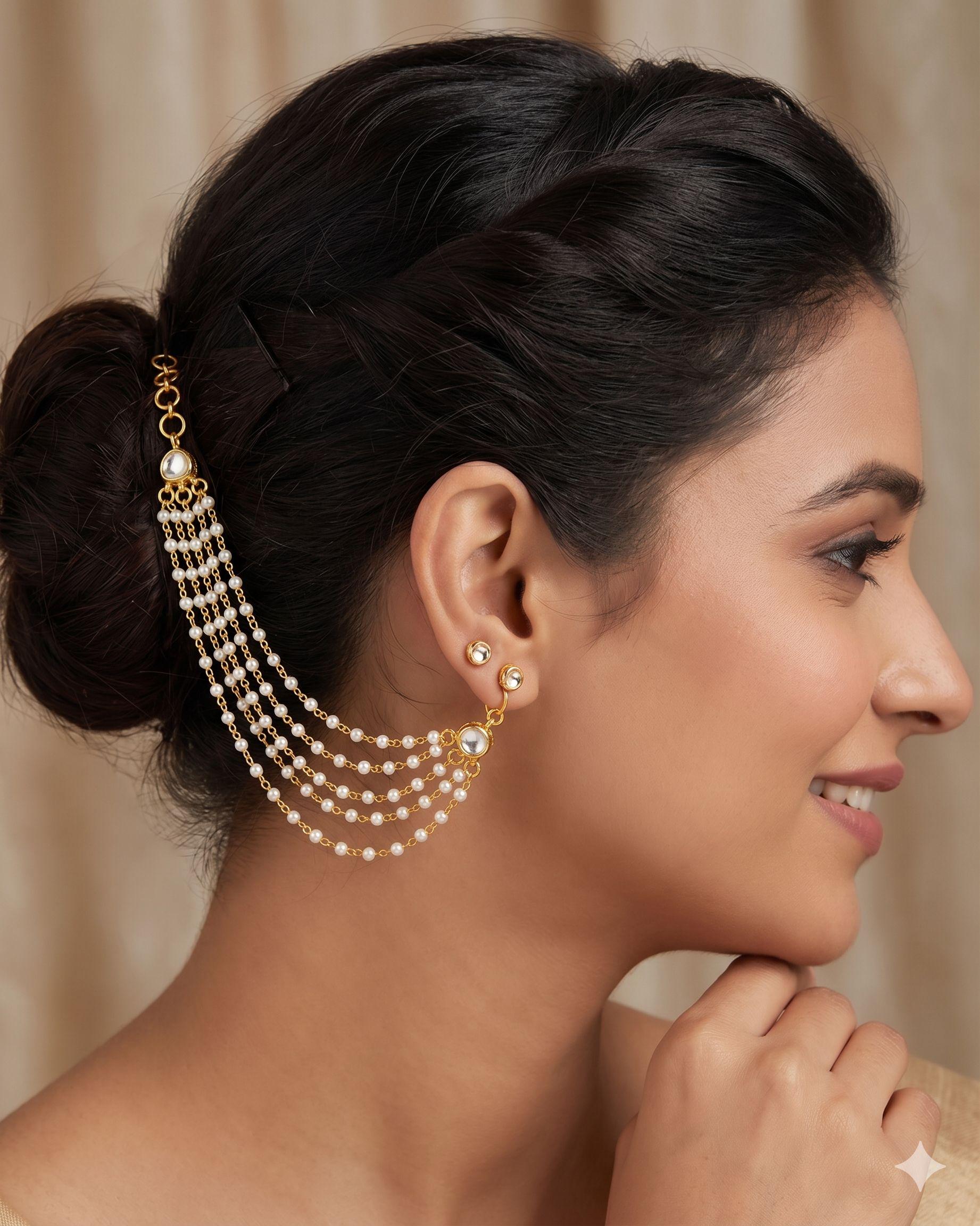 bridal ear chain Multi Layer Pearl Kaanchain, Traditional Indian Earring Support Chains, Kundan Moti Sahare Hair Jewelry,