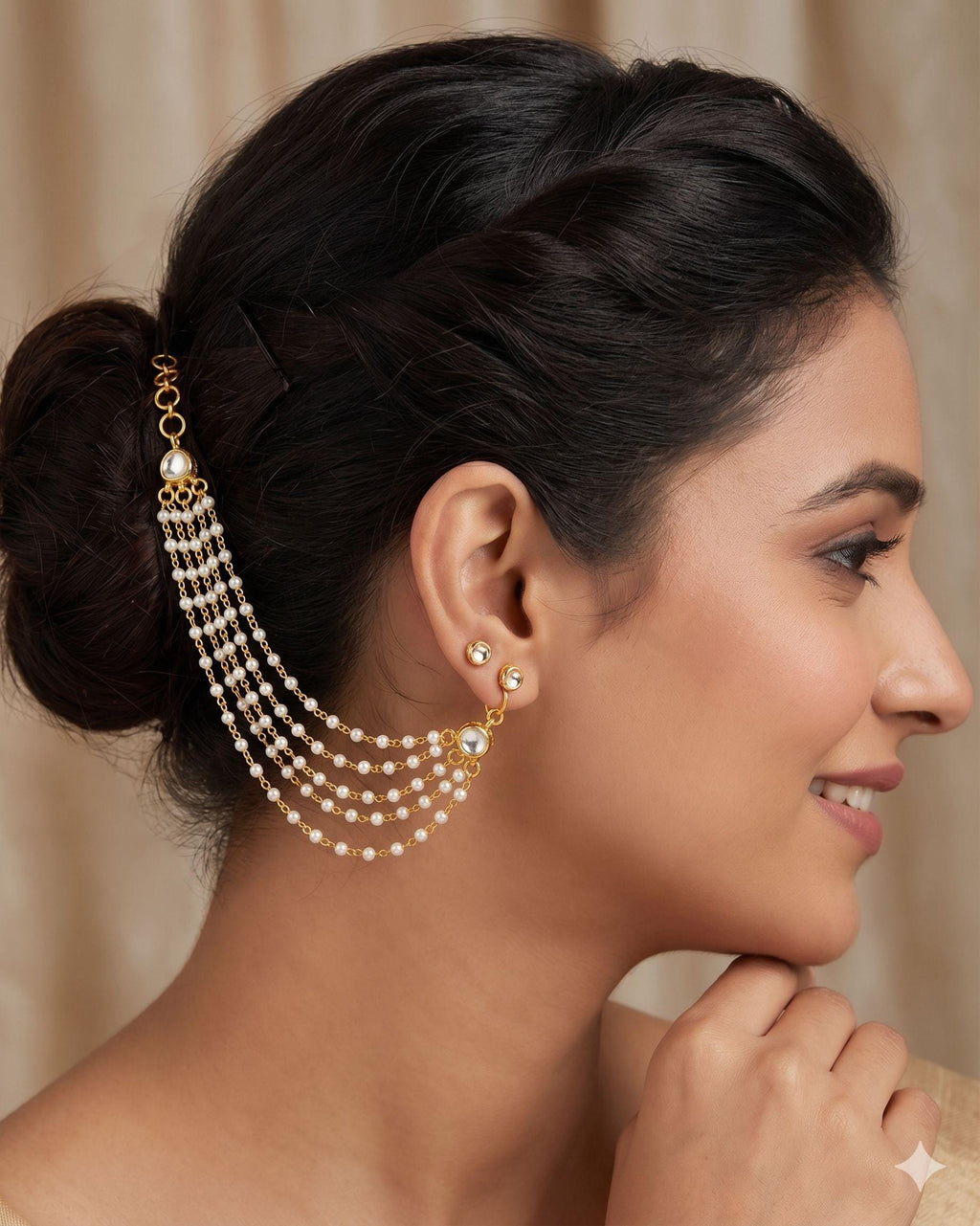 bridal ear chain Multi Layer Pearl Kaanchain, Traditional Indian Earring Support Chains, Kundan Moti Sahare Hair Jewelry,