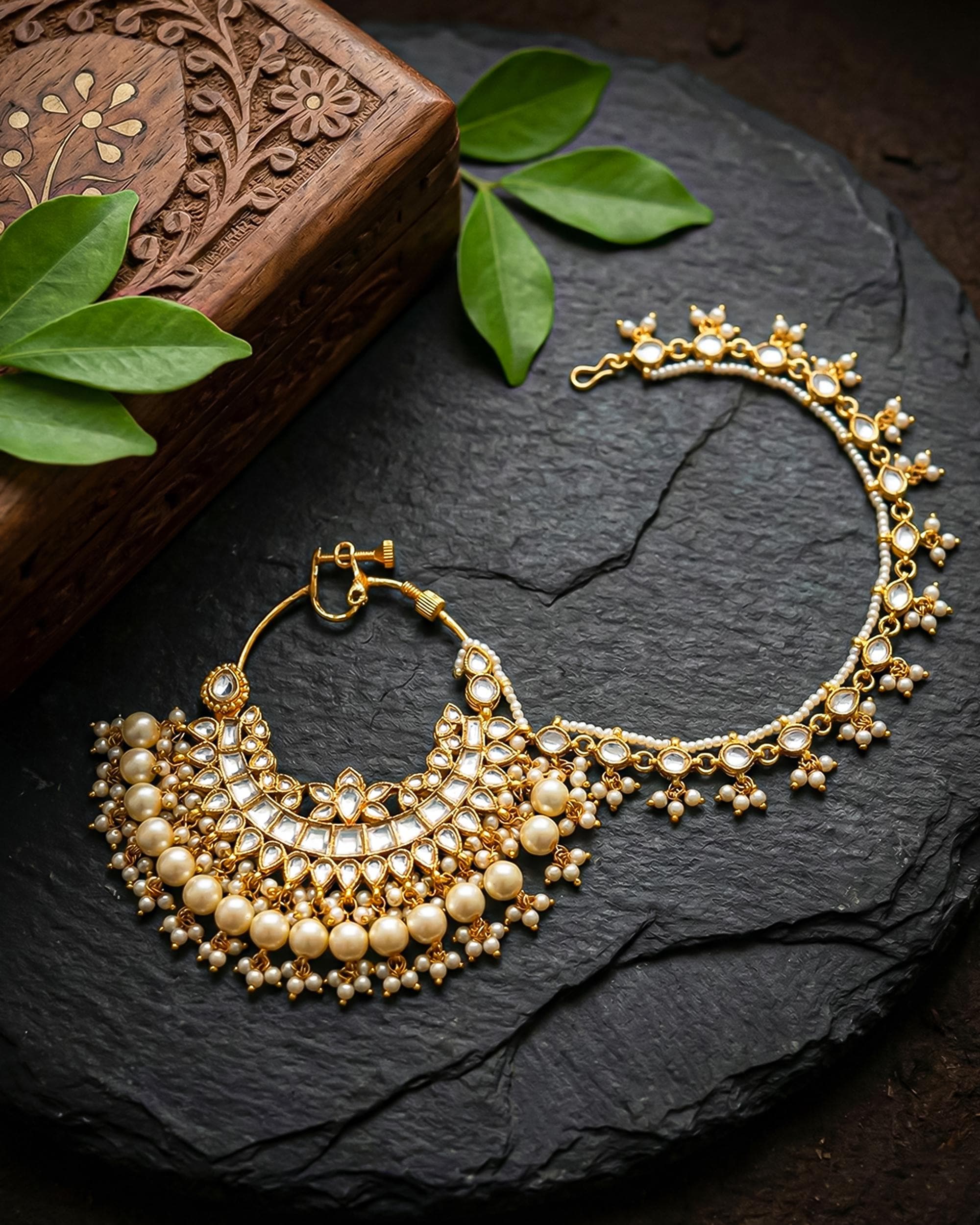 Kundan Bridal Nath with Pearl Clusters | Traditional Indian Wedding Nose Ring with Sahara Chain