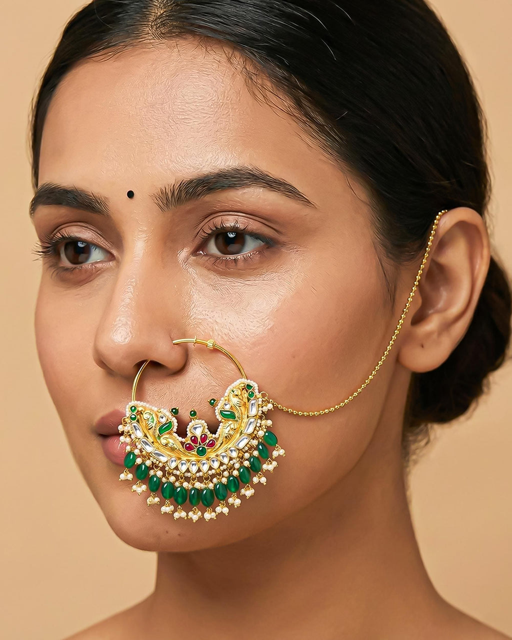 Heavy Royal Peacock Kundan Bridal Nath Emerald Ruby Enamel Pearl Drop Nose Ring Sahara Chain
