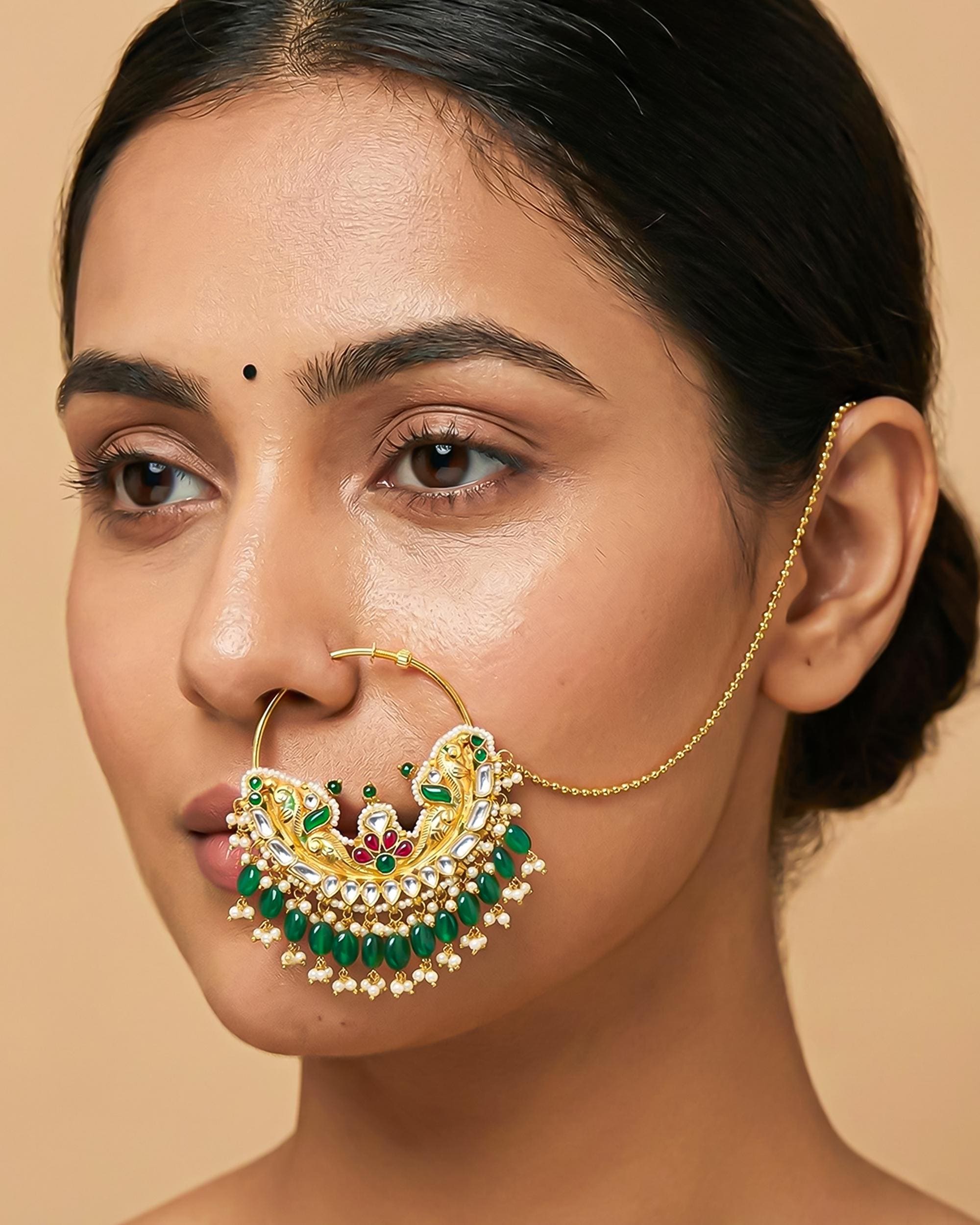 Heavy Royal Peacock Kundan Bridal Nath Emerald Ruby Enamel Pearl Drop Nose Ring Sahara Chain