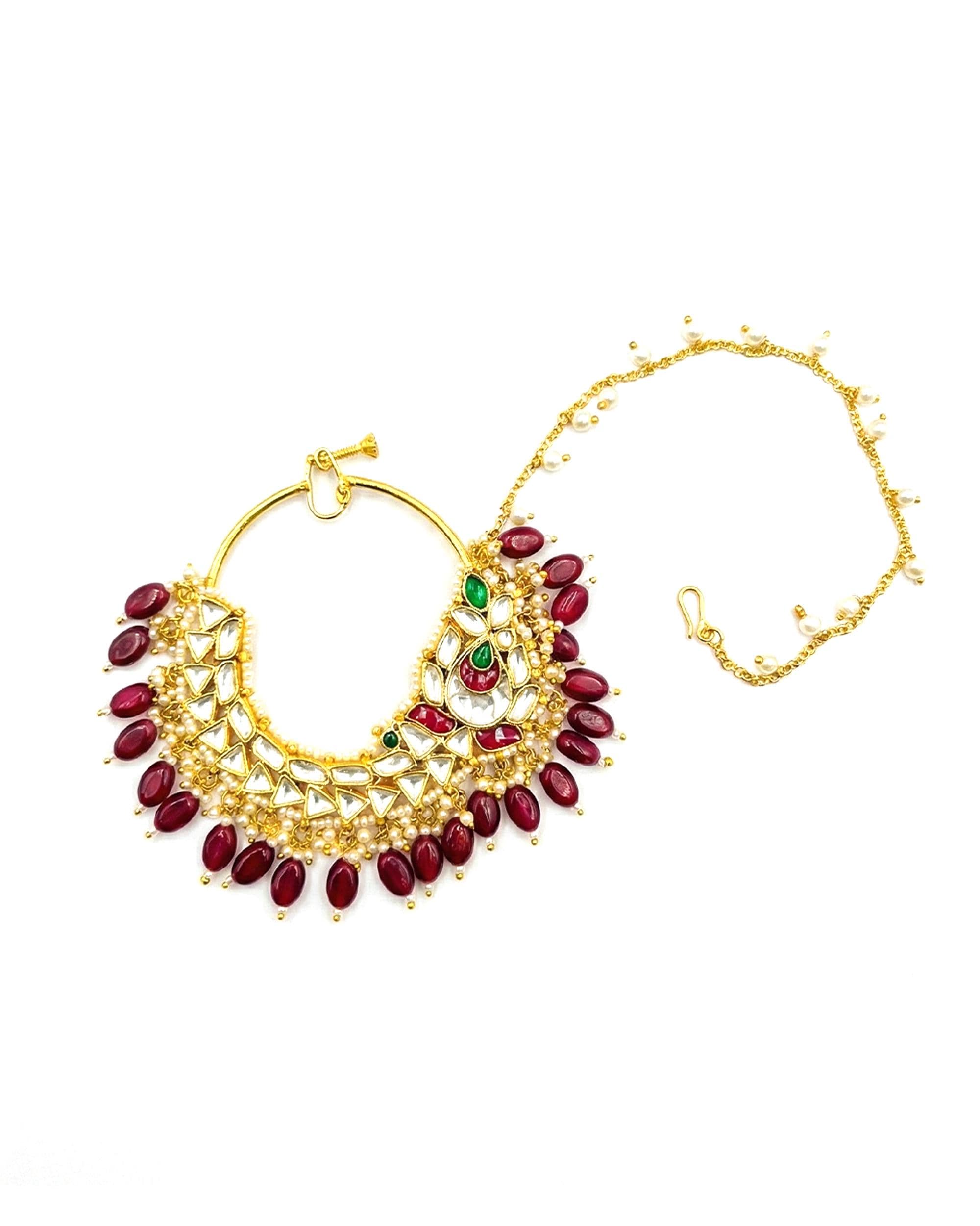 Heavy Kundan Bridal Nath | Ruby Green Pearl Drops, Sahara Chain Royal Jewelry