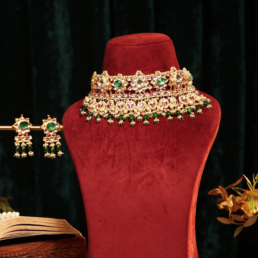 Royal Kundan Choker Necklace Set with Emerald, Ruby, Seed Pearls  Traditional Bridal Jewelry