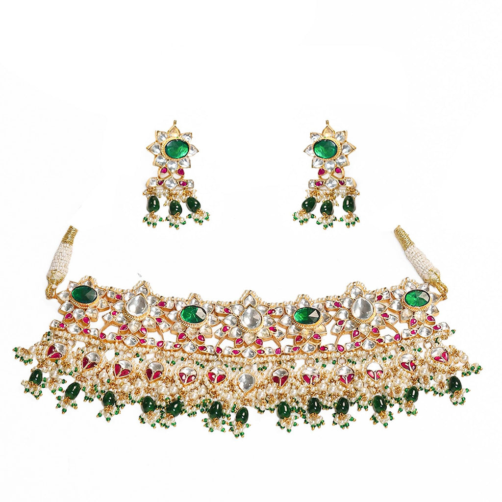 Royal Kundan Choker Necklace Set with Emerald, Ruby, Seed Pearls  Traditional Bridal Jewelry