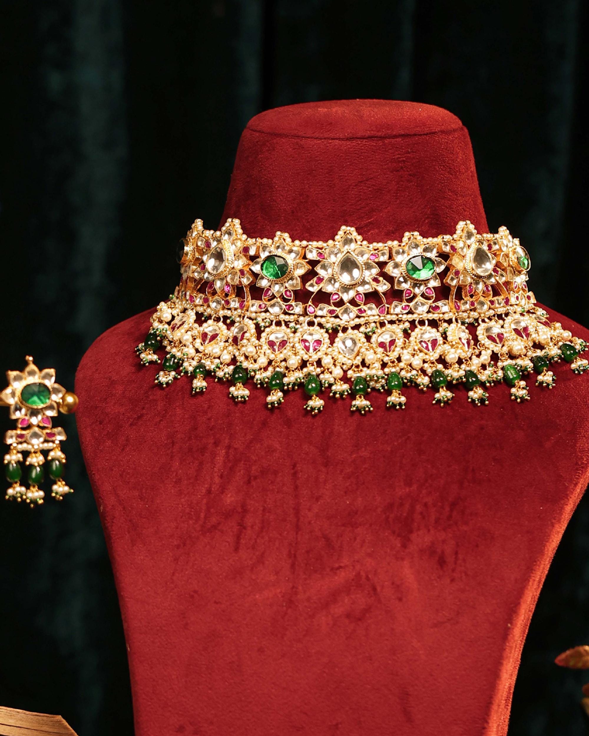 Royal Kundan Choker Necklace Set with Emerald, Ruby, Seed Pearls  Traditional Bridal Jewelry