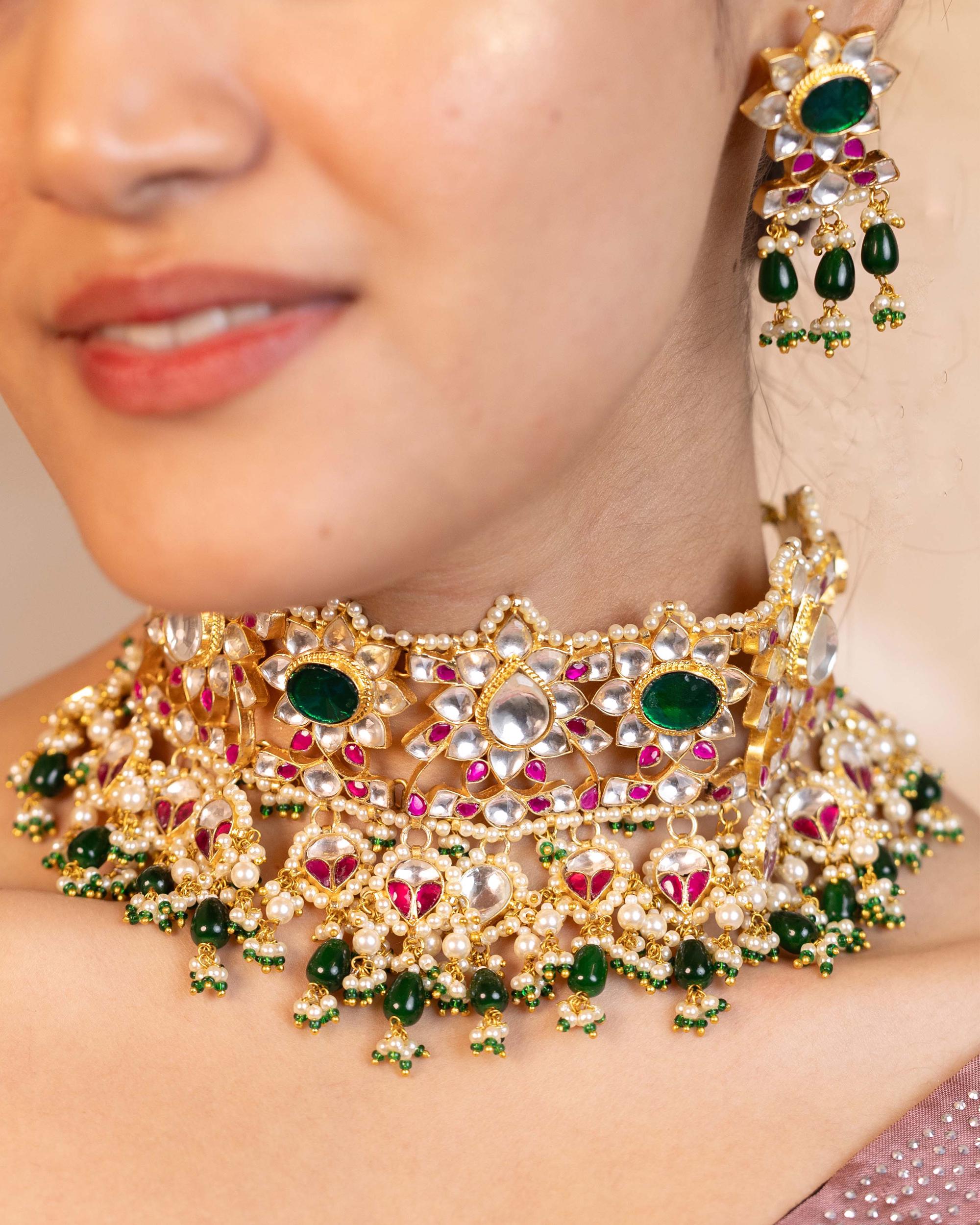 Royal Kundan Choker Necklace Set with Emerald, Ruby, Seed Pearls  Traditional Bridal Jewelry