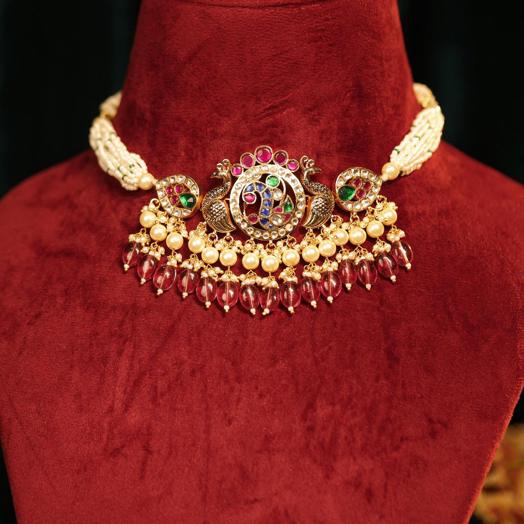 Handcrafted Kundan Peacock Choker Set with Pink Beads & Pearl Mala