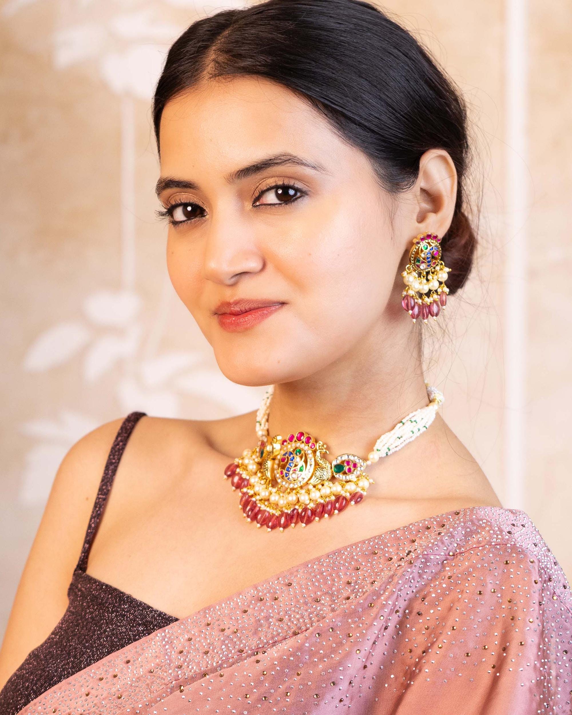 Handcrafted Kundan Peacock Choker Set with Pink Beads & Pearl Mala