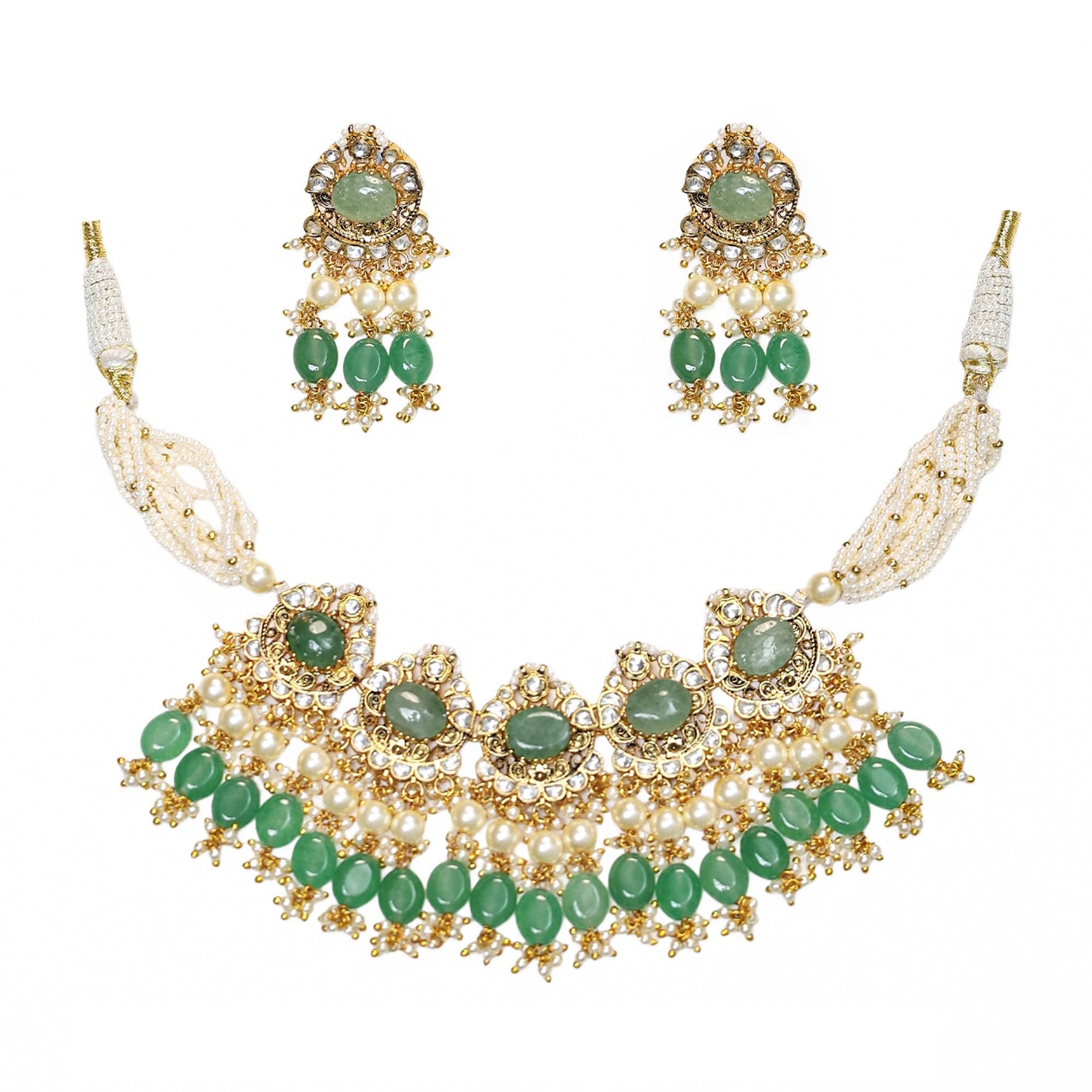 Pastel Green Kundan Choker Set | Multi-Strand Pearl Mala, Indian Bridal Necklace Earrings