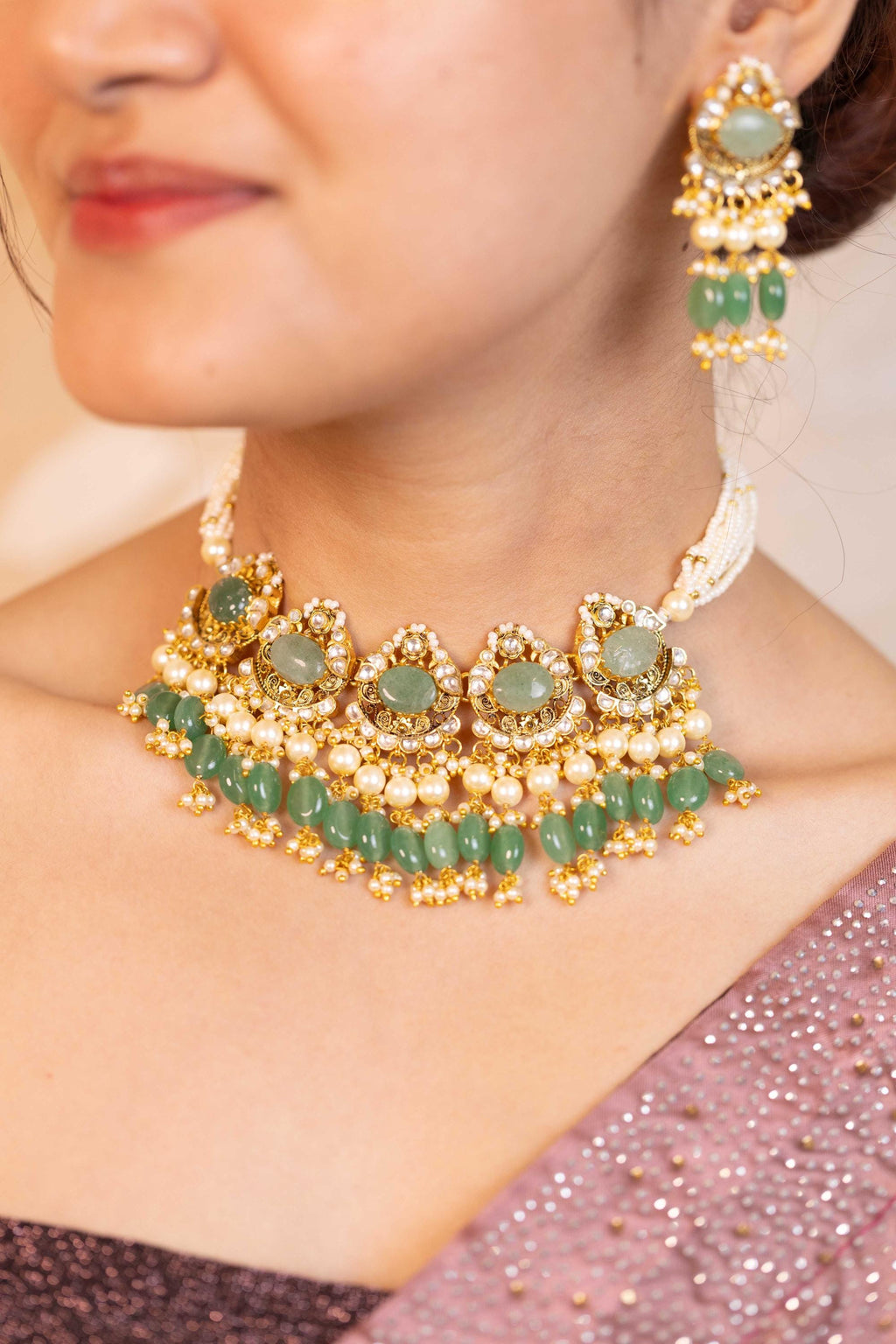 Pastel Green Kundan Choker Set | Multi-Strand Pearl Mala, Indian Bridal Necklace Earrings