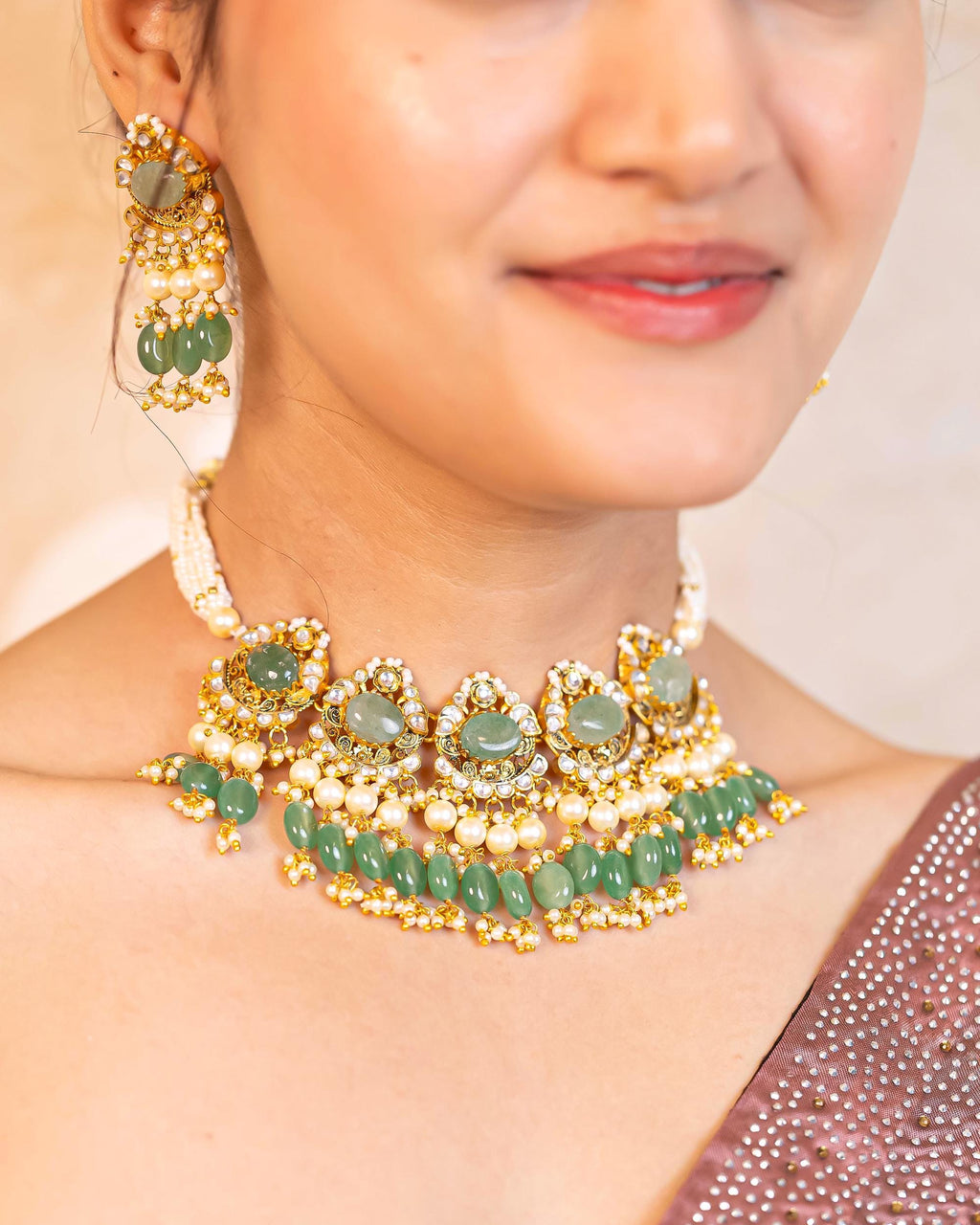 Pastel Green Kundan Choker Set | Multi-Strand Pearl Mala, Indian Bridal Necklace Earrings