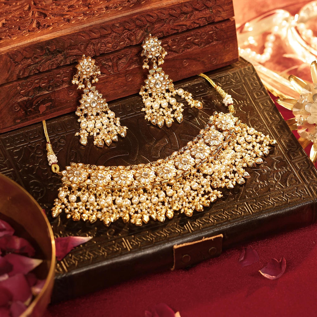 All-White Kundan Choker Set with Pearl Clusters, Gold Beads, Chandbali Earrings