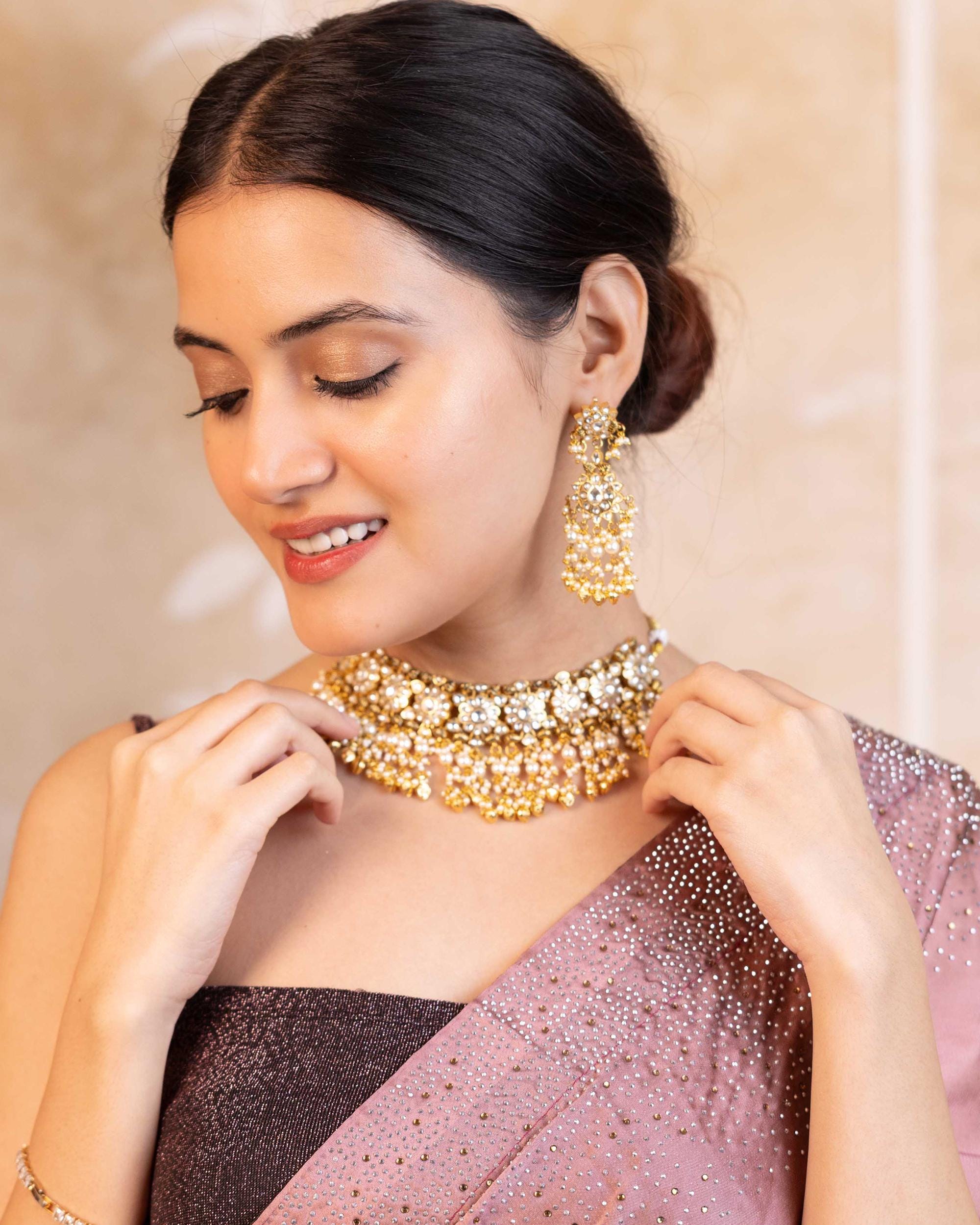 All-White Kundan Choker Set with Pearl Clusters, Gold Beads, Chandbali Earrings