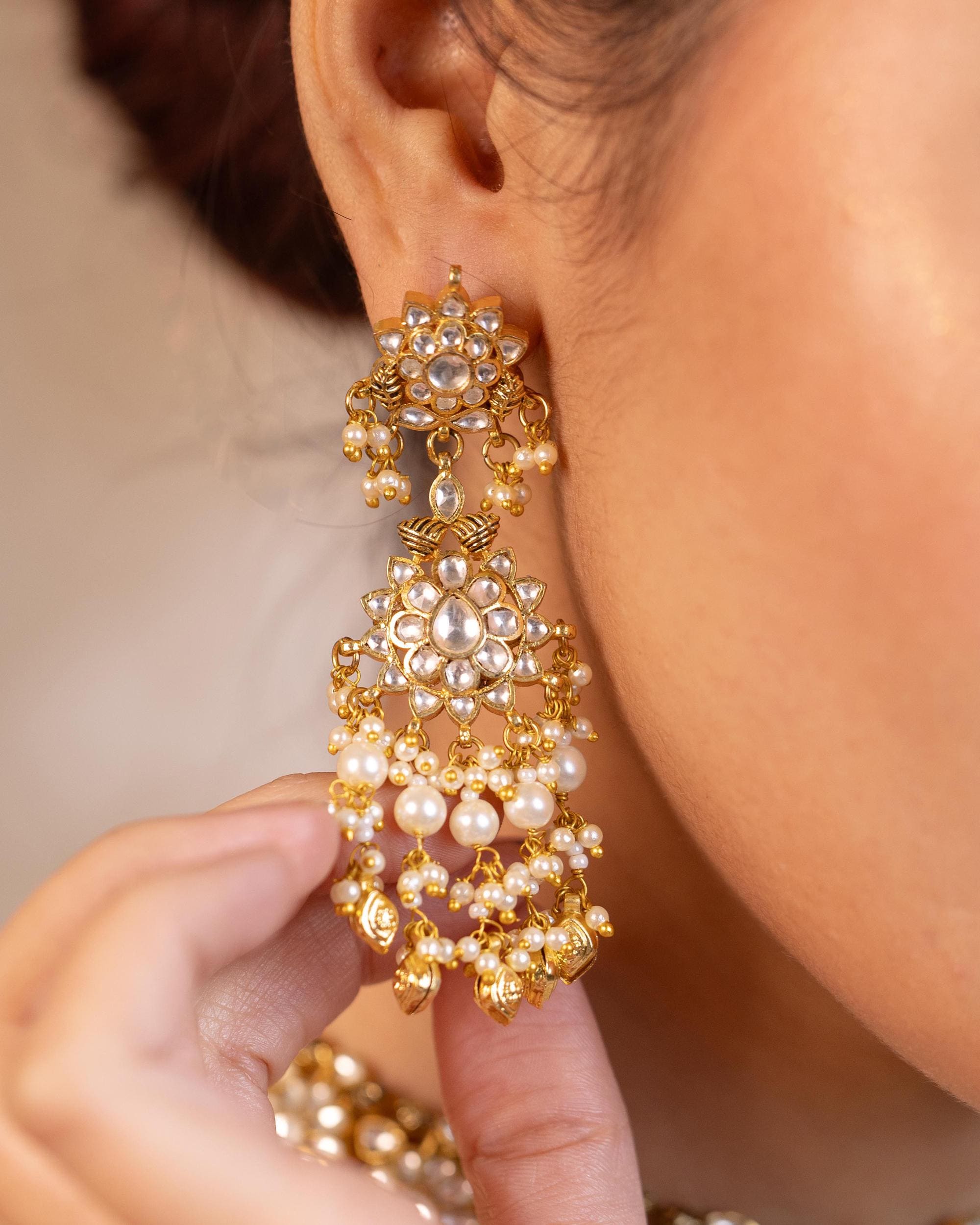 All-White Kundan Choker Set with Pearl Clusters, Gold Beads, Chandbali Earrings