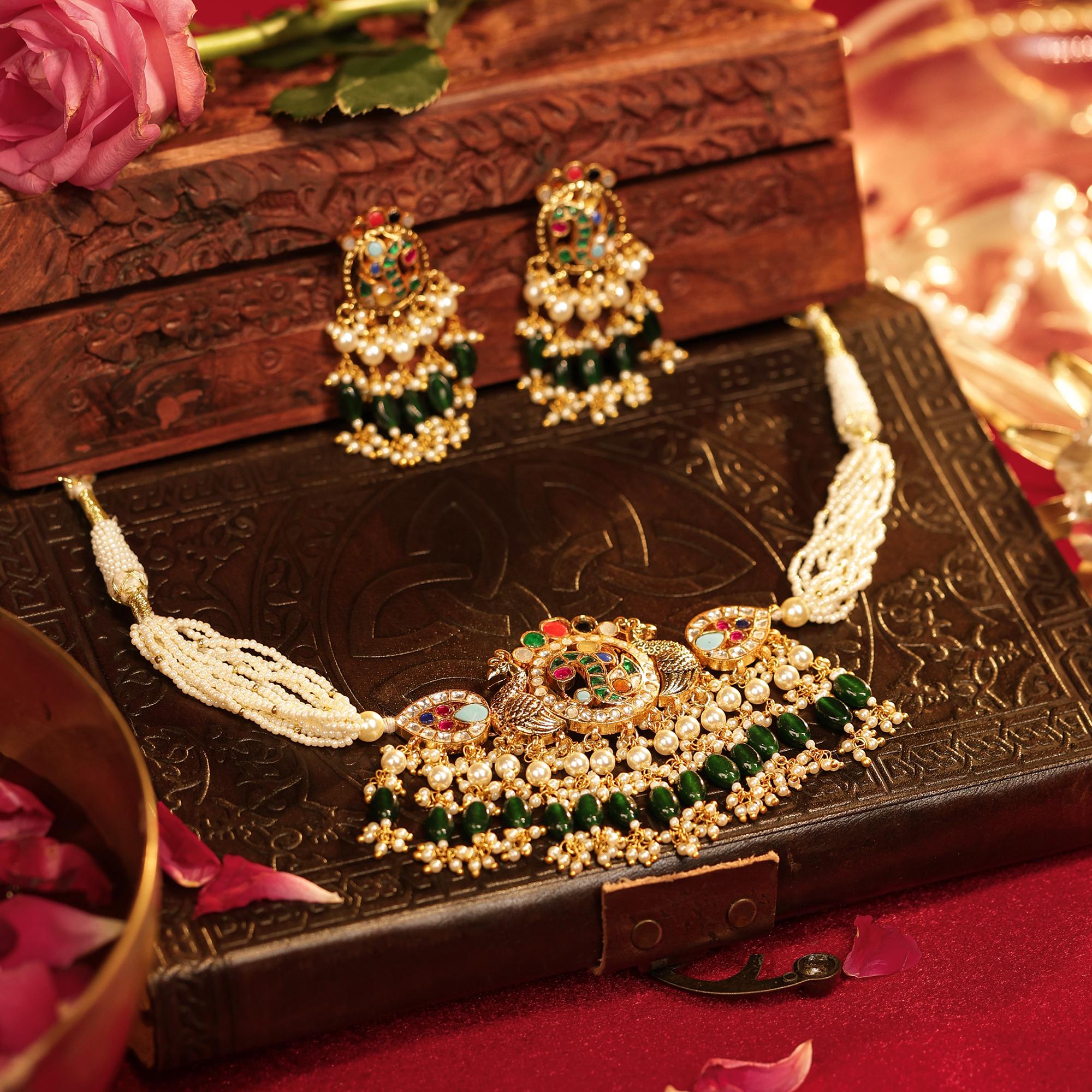 Handcrafted Peacock Kundan Choker Set with Emerald Beads & Pearl Mala  Traditional Indian Bridal Necklace