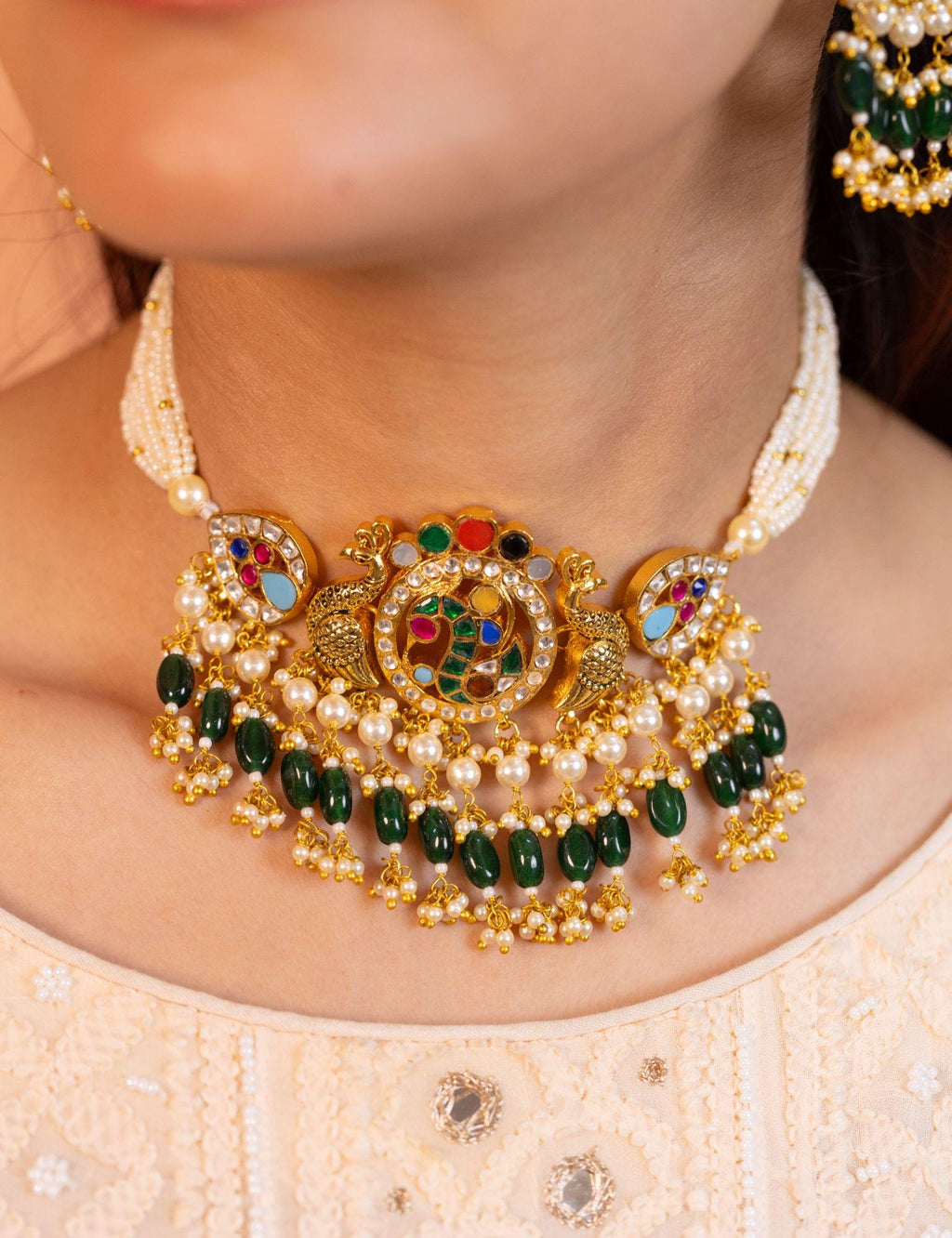 Handcrafted Peacock Kundan Choker Set with Emerald Beads & Pearl Mala  Traditional Indian Bridal Necklace