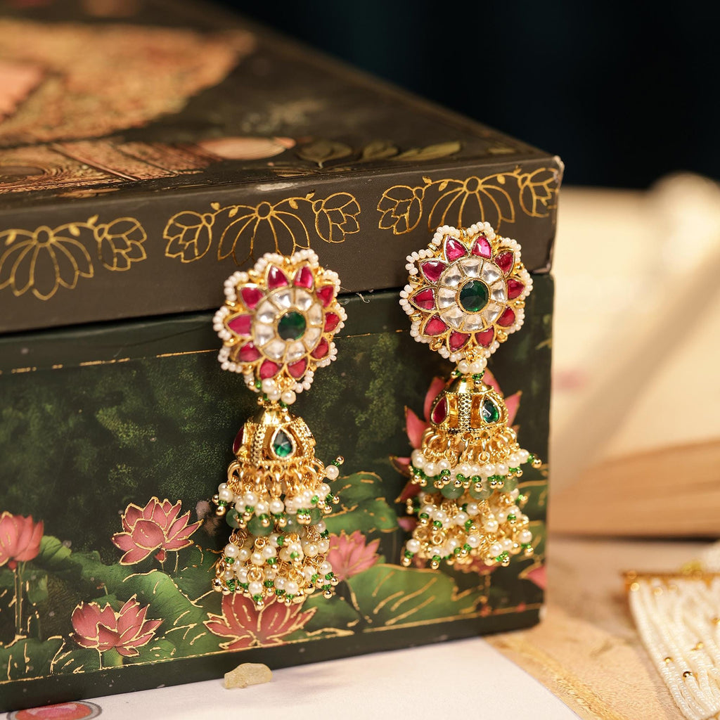 Handcrafted Peacock Kundan Pendant Necklace Set with Pearl Mala and Jhumka Earrings
