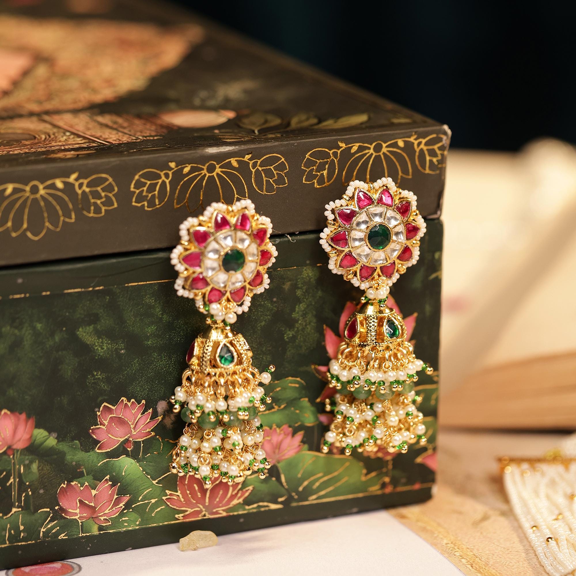 Handcrafted Peacock Kundan Pendant Necklace Set with Pearl Mala and Jhumka Earrings