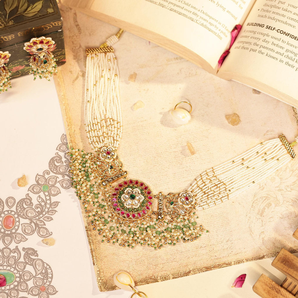 Handcrafted Peacock Kundan Pendant Necklace Set with Pearl Mala and Jhumka Earrings