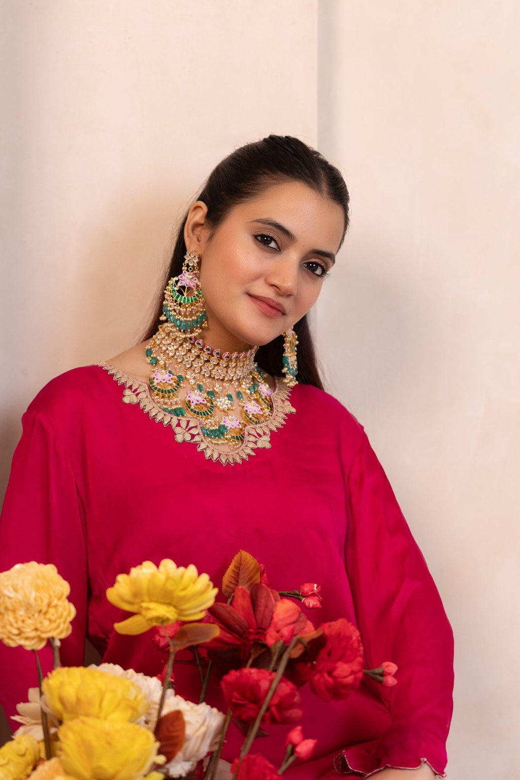 Handcrafted Kamal Meenakari Kundan Choker Set | Mint Emerald Beads, Pink Lotus Enamel, Bridal Necklace