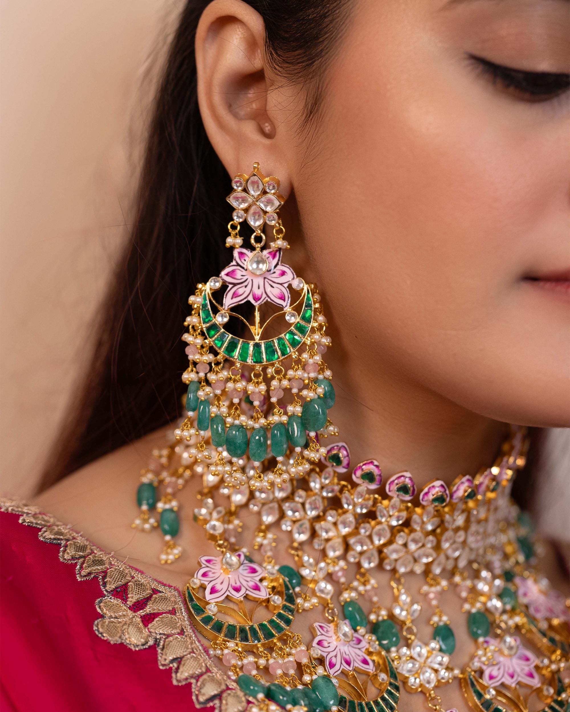 Handcrafted Kamal Meenakari Kundan Choker Set | Mint Emerald Beads, Pink Lotus Enamel, Bridal Necklace