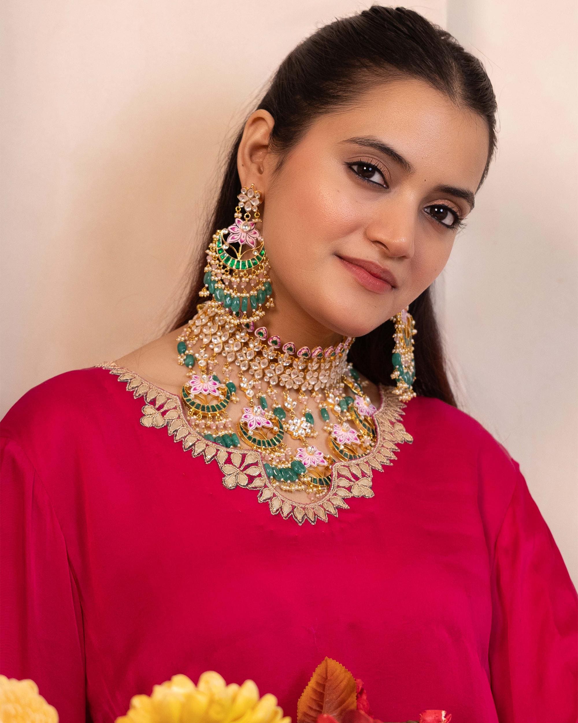 Handcrafted Kamal Meenakari Kundan Choker Set | Mint Emerald Beads, Pink Lotus Enamel, Bridal Necklace